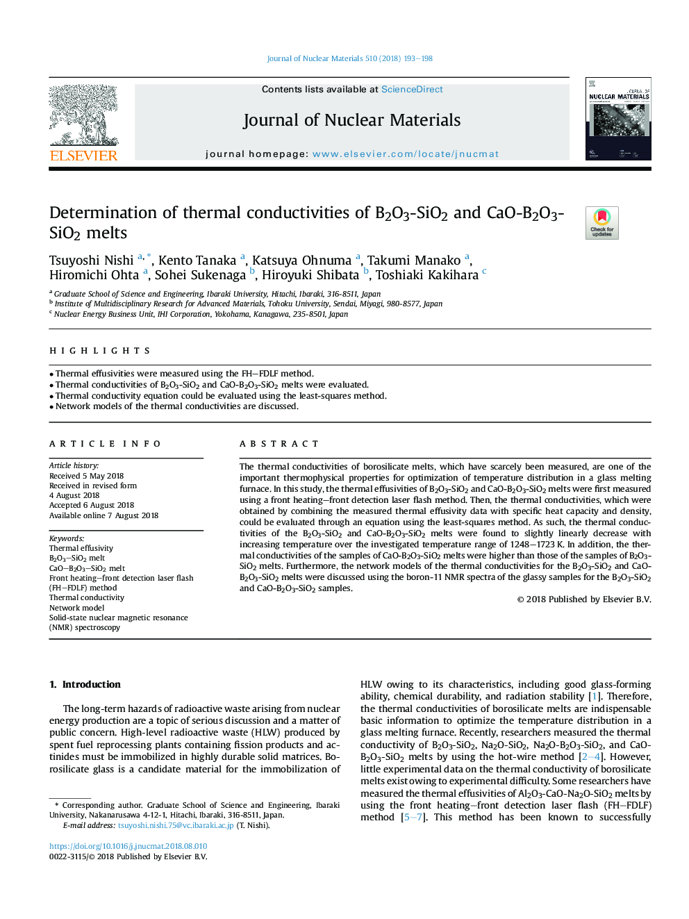 Determination of thermal conductivities of B2O3-SiO2 and CaO-B2O3-SiO2 melts