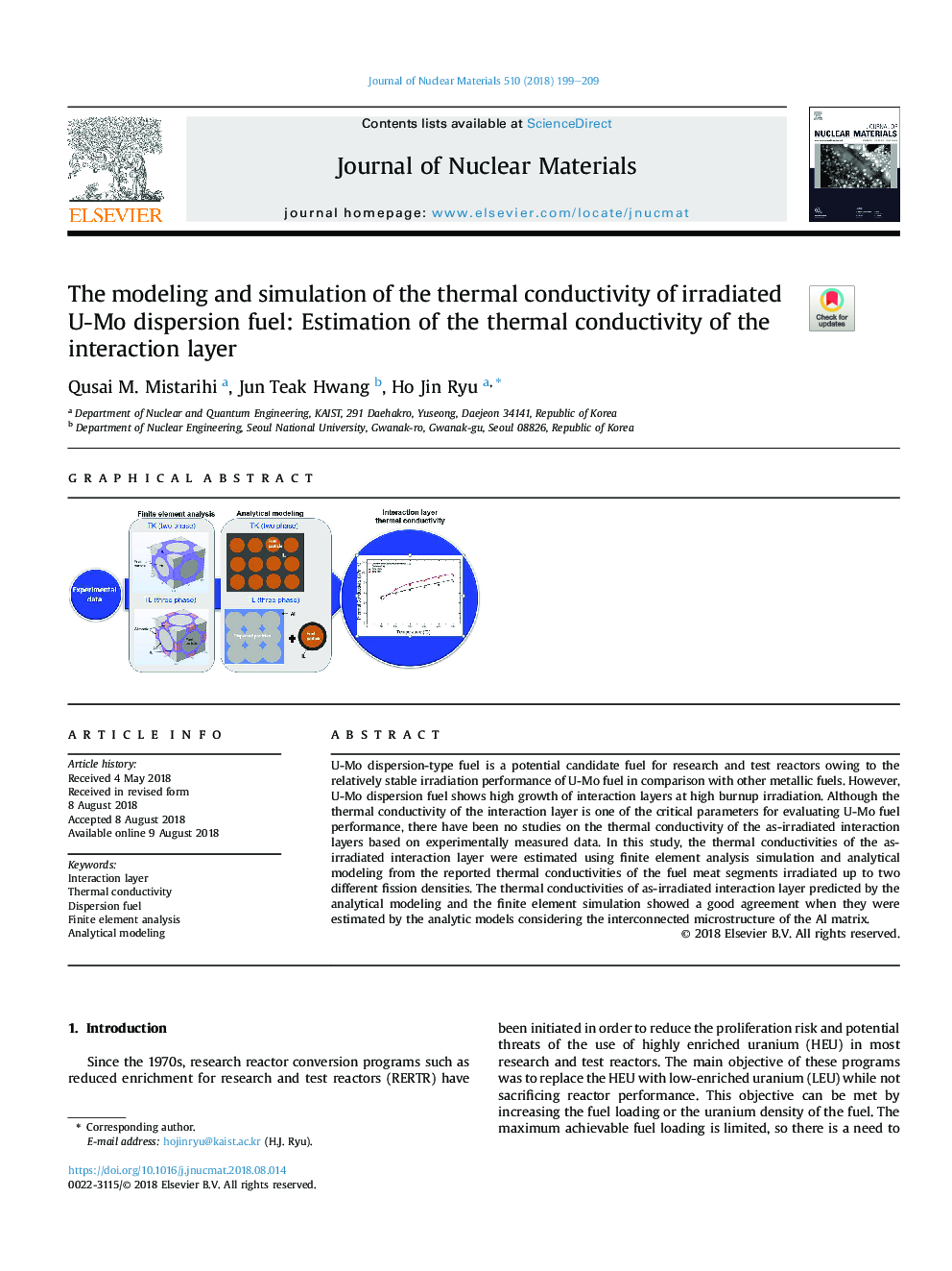 عکس صفحه اول مقاله: The modeling and simulation of the thermal conductivity of irradiated U-Mo dispersion fuel: Estimation of the thermal conductivity of the interaction layer The modeling and simulation of the thermal conductivity of irradiated U-Mo dispersion fuel: Estimation of the thermal conductivity of the interaction layer