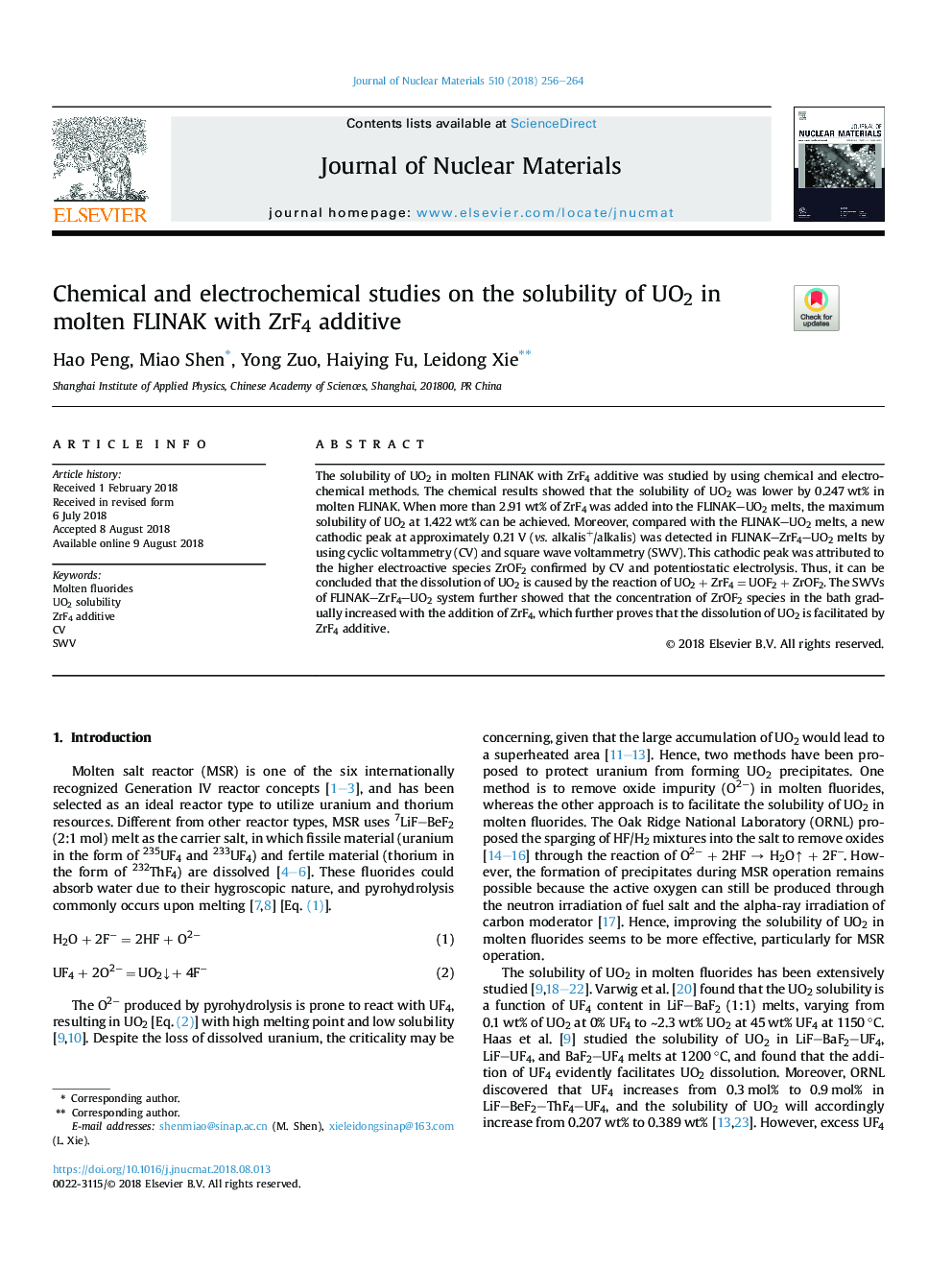 Chemical and electrochemical studies on the solubility of UO2 in molten FLINAK with ZrF4 additive