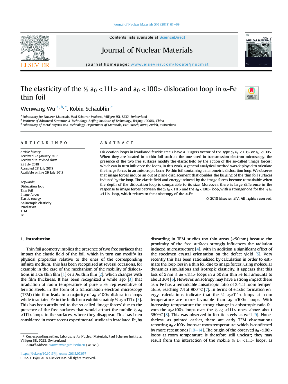 The elasticity of the Â½ a0 <111> and a0 <100> dislocation loop in Î±-Fe thin foil