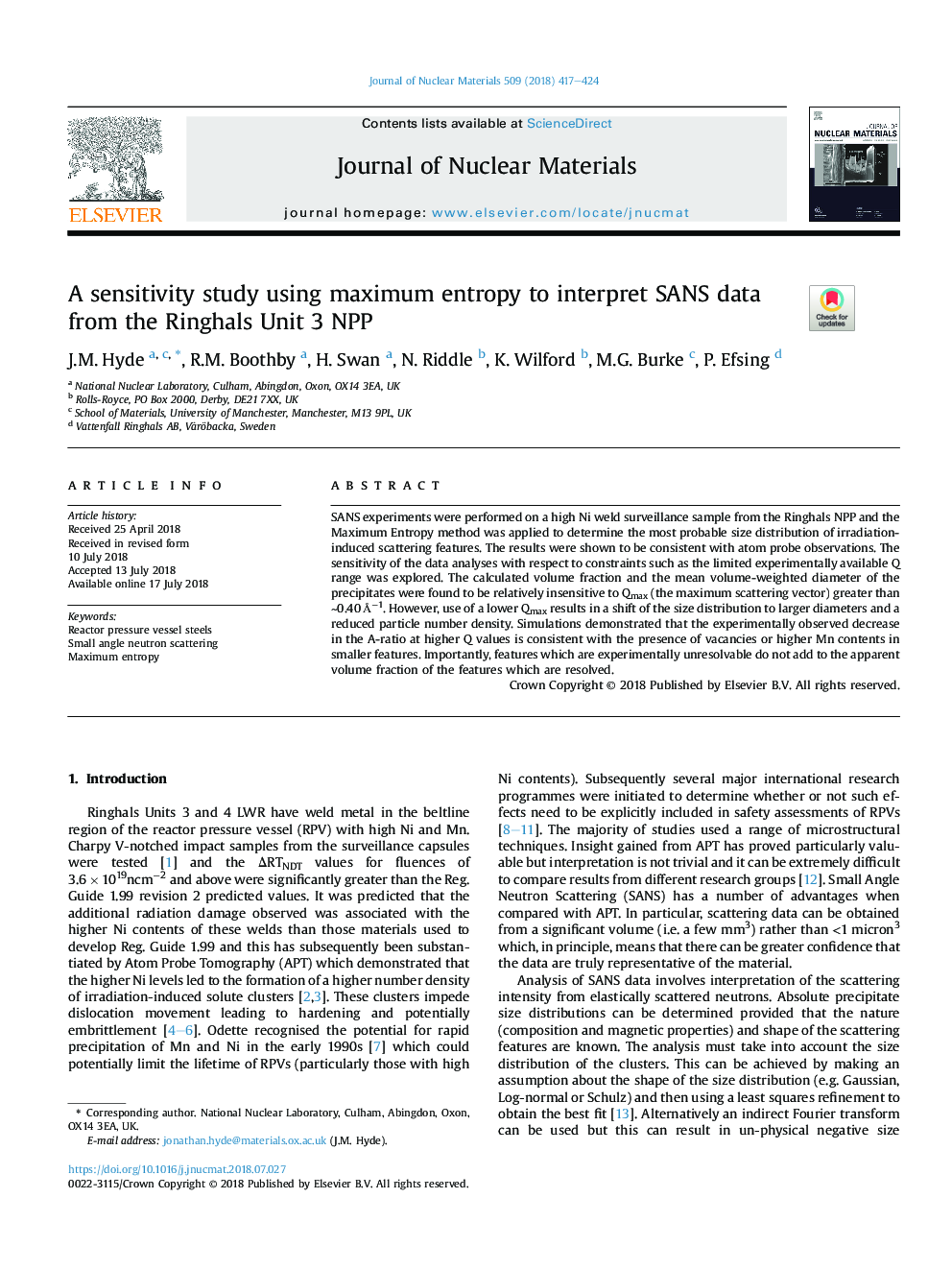 A sensitivity study using maximum entropy to interpret SANS data from the Ringhals Unit 3 NPP