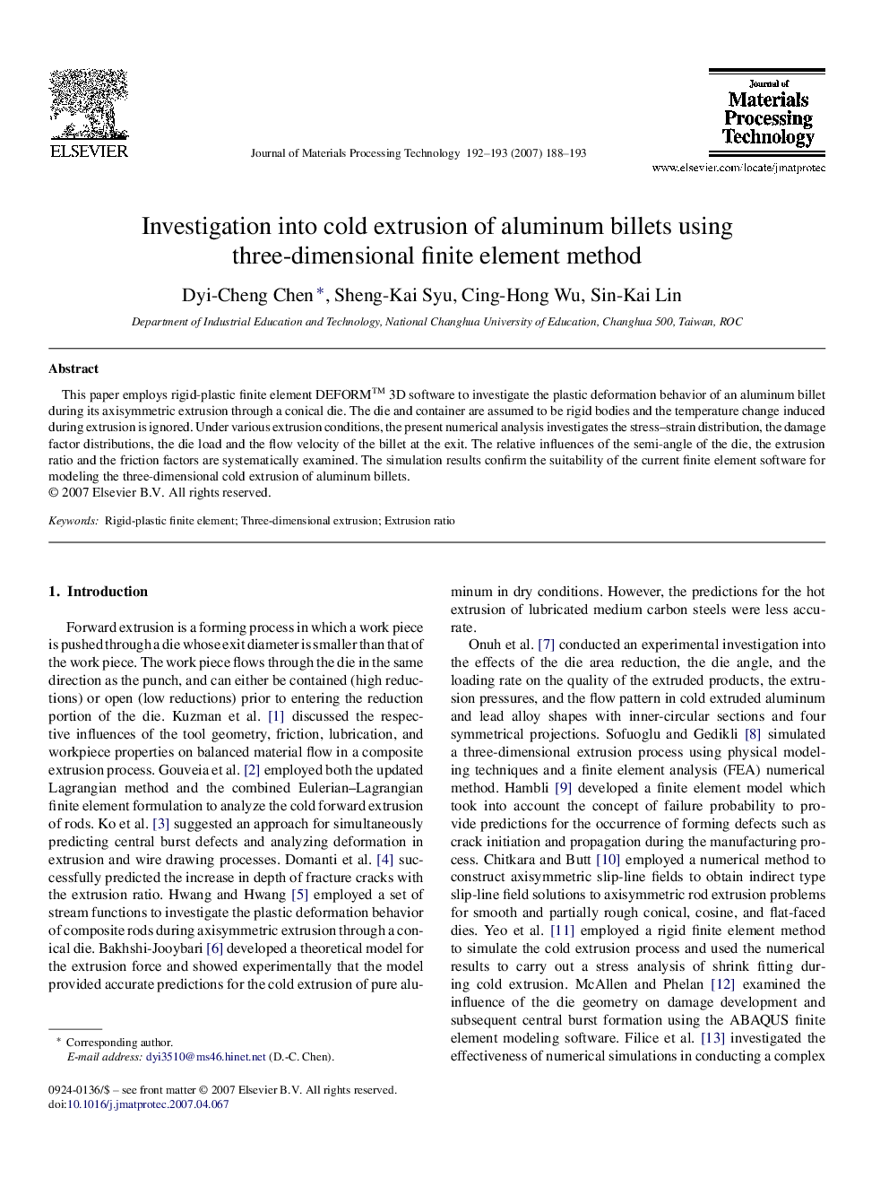 Investigation into cold extrusion of aluminum billets using three-dimensional finite element method