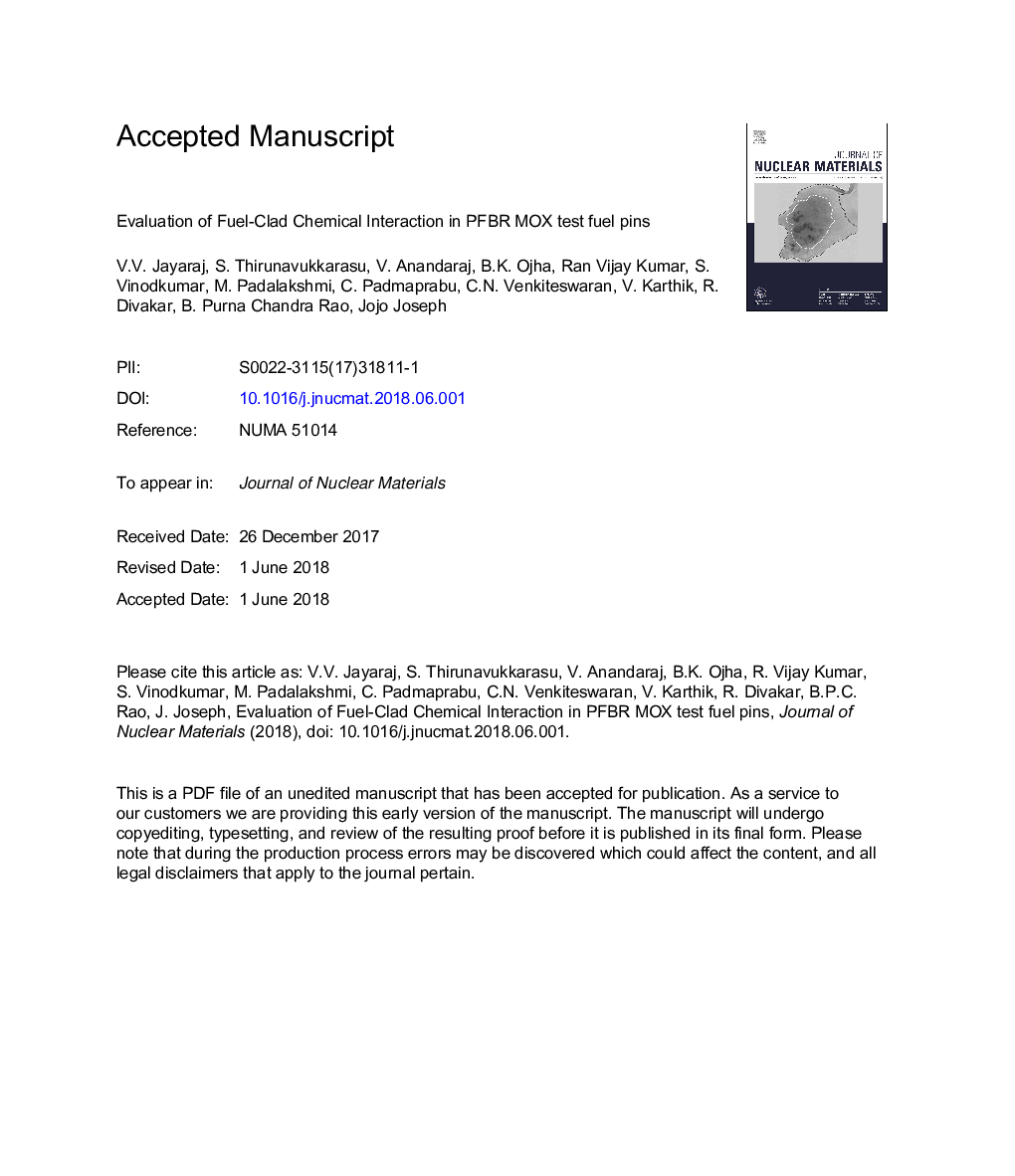 Evaluation of Fuel-Clad Chemical Interaction in PFBR MOX test fuel pins