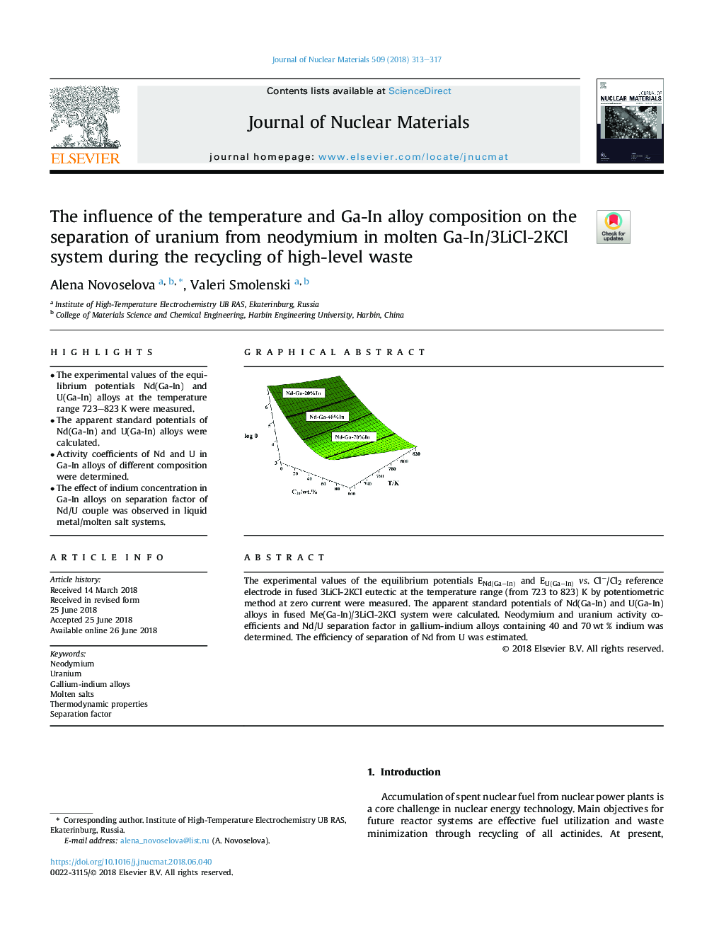 The influence of the temperature and Ga-In alloy composition on the separation of uranium from neodymium in molten Ga-In/3LiCl-2KCl system during the recycling of high-level waste