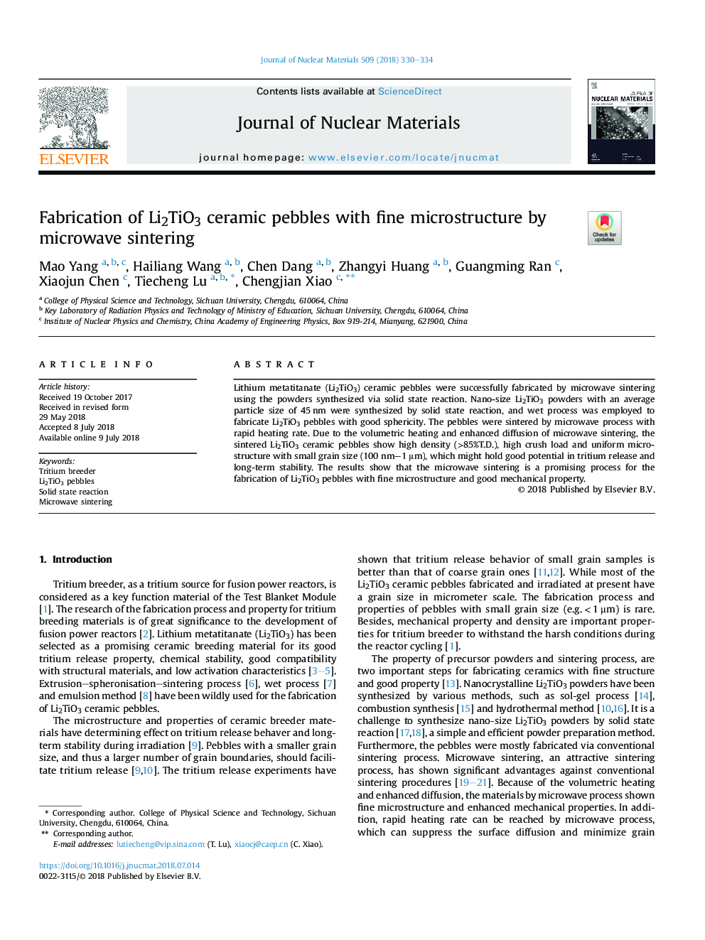 عکس صفحه اول مقاله: Fabrication of Li2TiO3 ceramic pebbles with fine microstructure by microwave sintering Fabrication of Li2TiO3 ceramic pebbles with fine microstructure by microwave sintering
