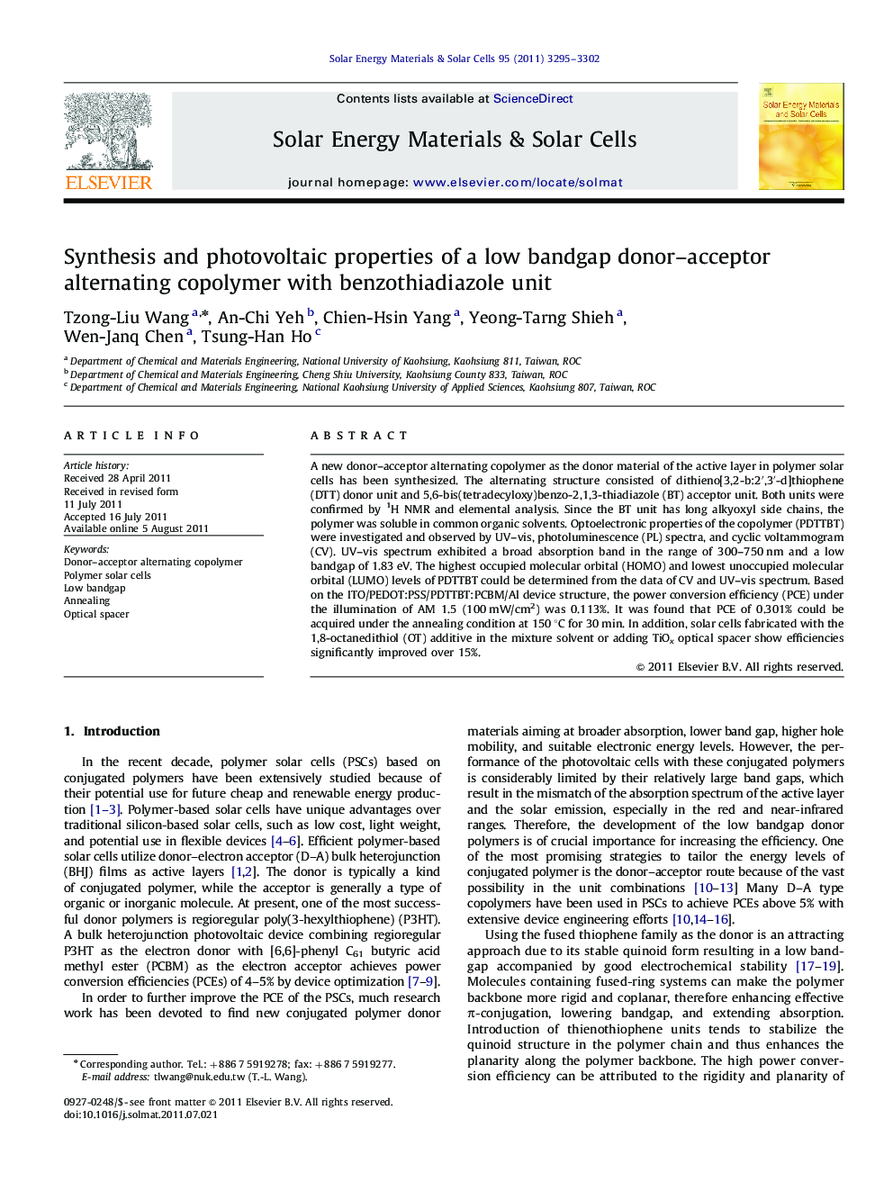 Synthesis and photovoltaic properties of a low bandgap donor–acceptor alternating copolymer with benzothiadiazole unit