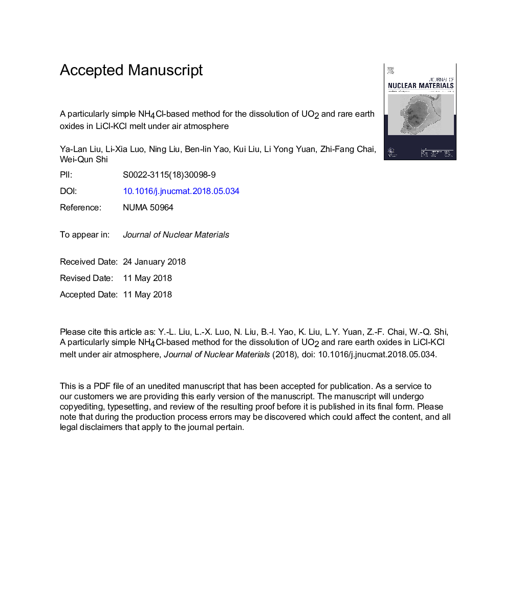 A particularly simple NH4Cl-based method for the dissolution of UO2 and rare earth oxides in LiCl-KCl melt under air atmosphere