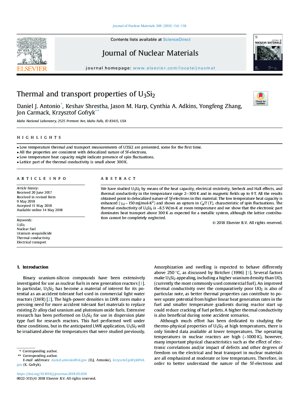 Thermal and transport properties of U3Si2