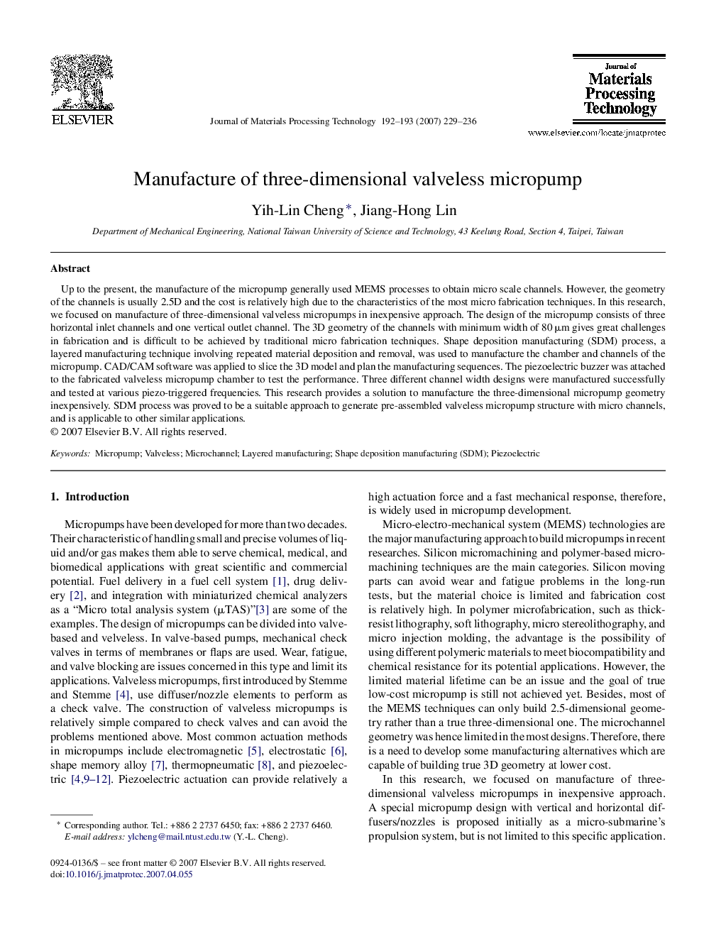 Manufacture of three-dimensional valveless micropump