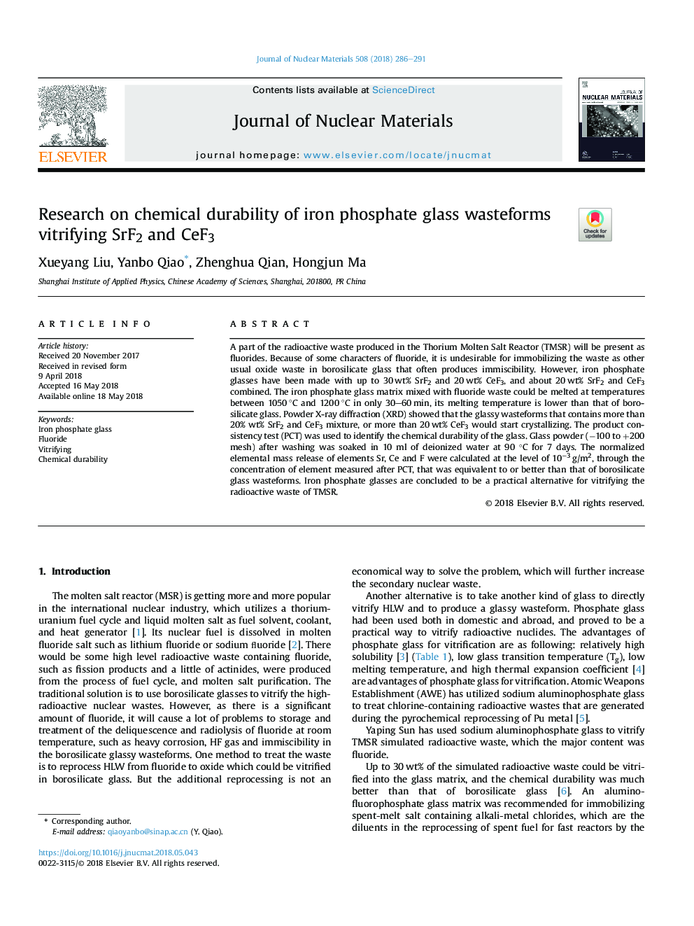 Research on chemical durability of iron phosphate glass wasteforms vitrifying SrF2 and CeF3