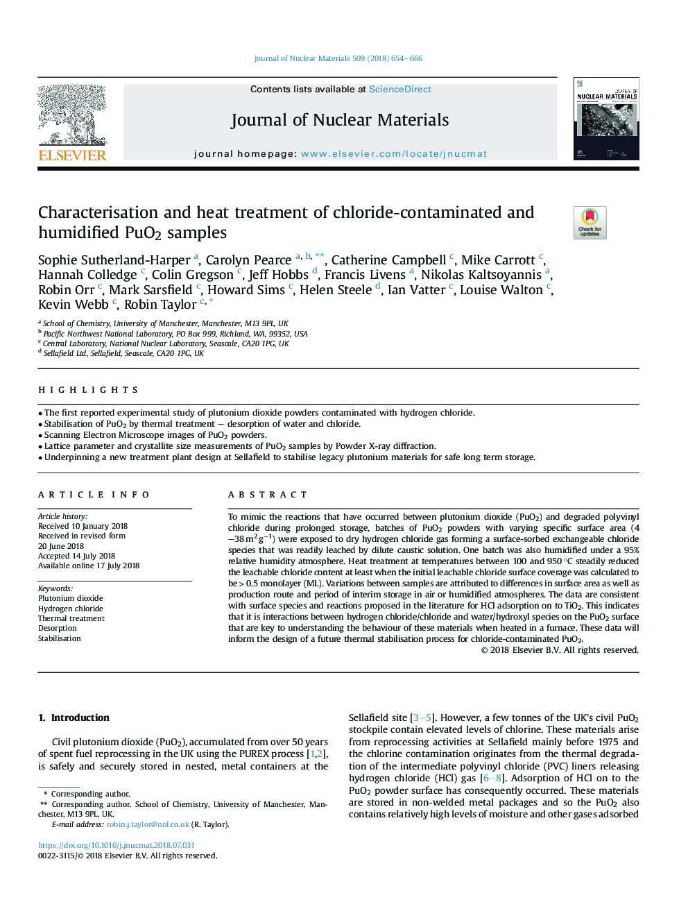 Characterisation and heat treatment of chloride-contaminated and humidified PuO2 samples