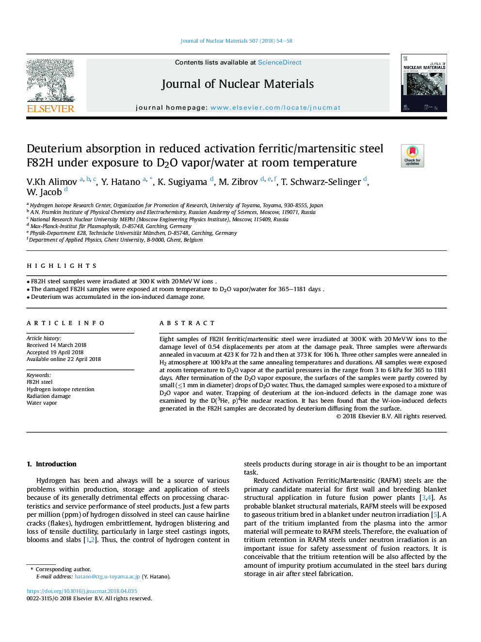 Deuterium absorption in reduced activation ferritic/martensitic steel F82H under exposure to D2O vapor/water at room temperature