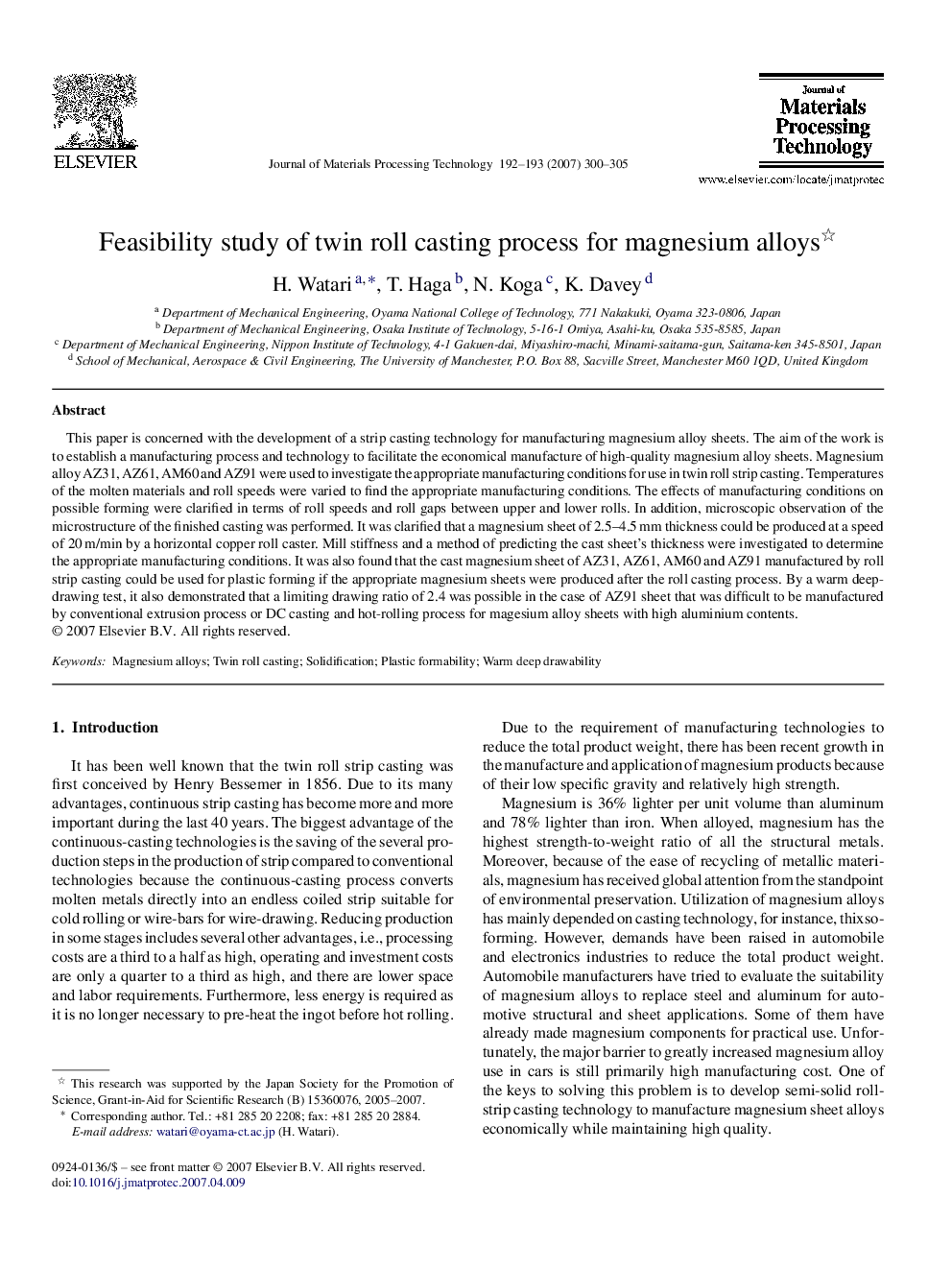 Feasibility study of twin roll casting process for magnesium alloys 