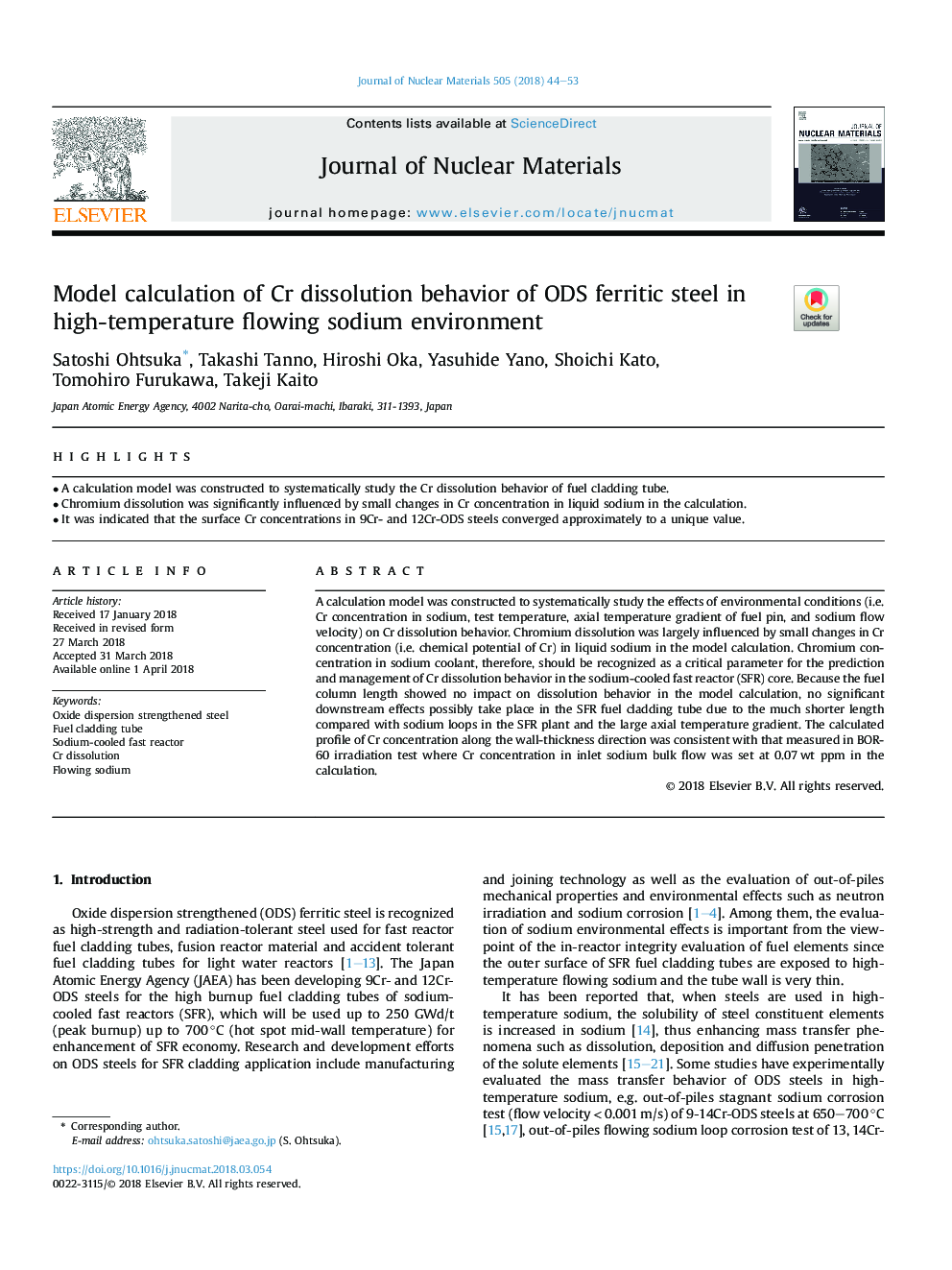 Model calculation of Cr dissolution behavior of ODS ferritic steel in high-temperature flowing sodium environment