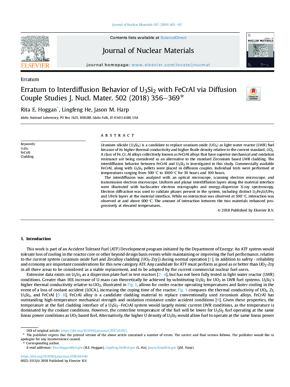Erratum to Interdiffusion Behavior of U3Si2 with FeCrAl via Diffusion Couple Studies J. Nucl. Mater. 502 (2018) 356-369