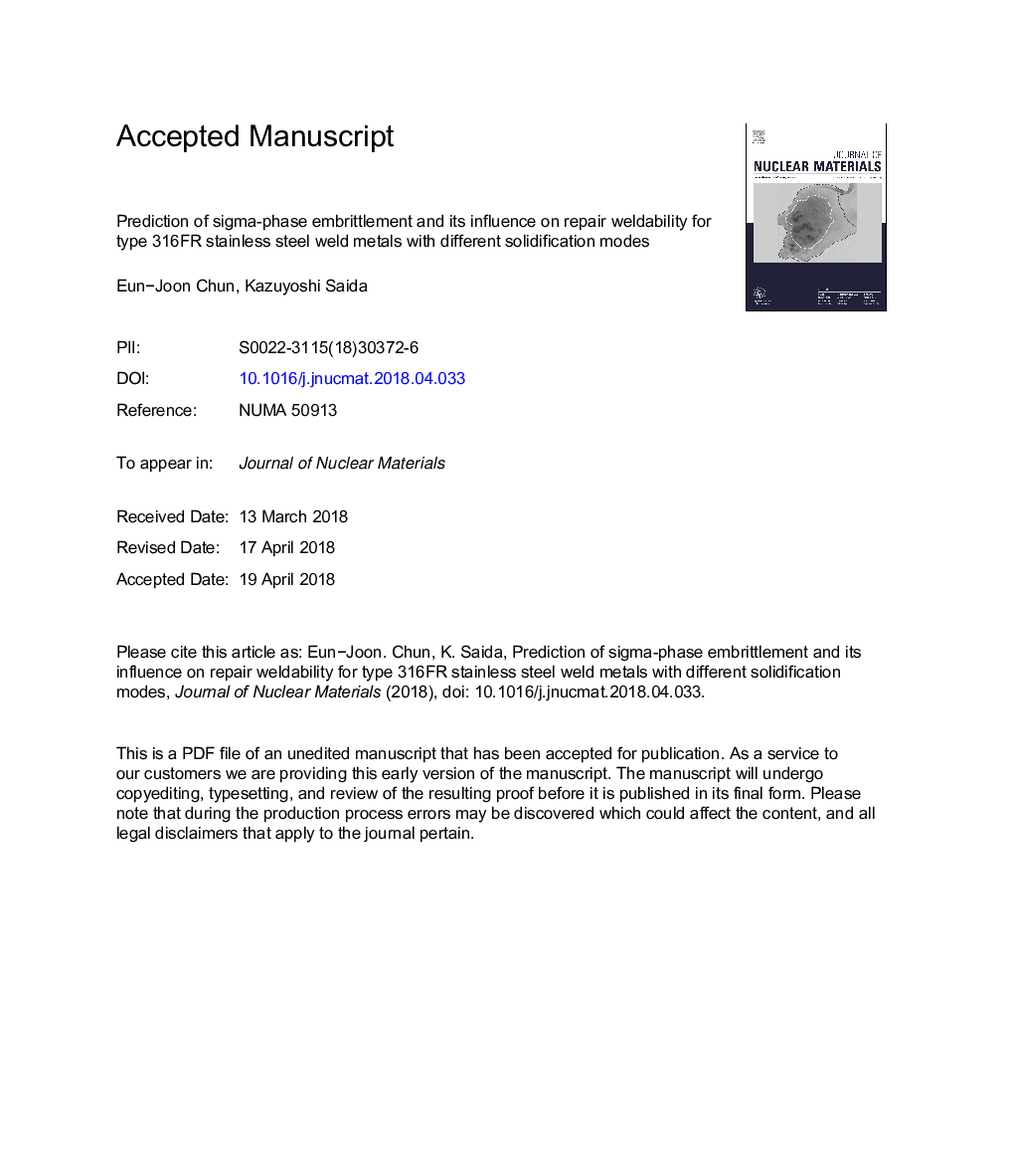 Prediction of sigma-phase embrittlement and its influence on repair weldability for type 316FR stainless steel weld metals with different solidification modes