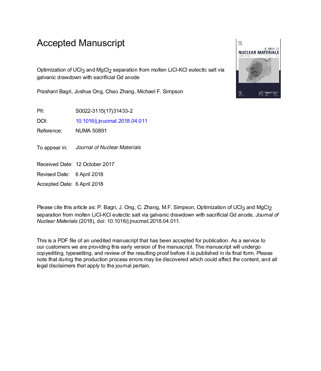 Optimization of UCl3 and MgCl2 separation from molten LiCl-KCl eutectic salt via galvanic drawdown with sacrificial Gd anode