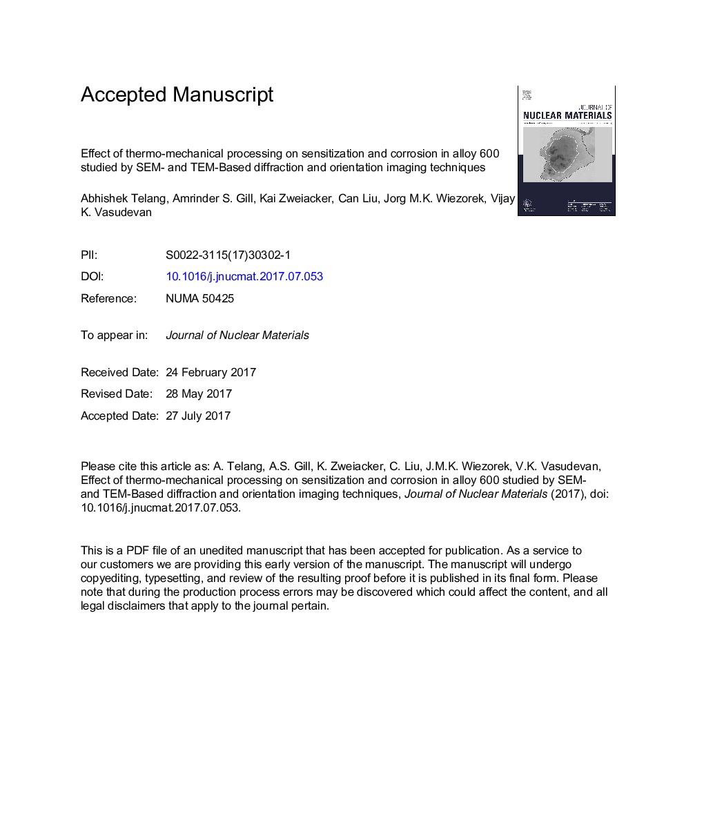 Effect of thermo-mechanical processing on sensitization and corrosion in alloy 600 studied by SEM- and TEM-Based diffraction and orientation imaging techniques