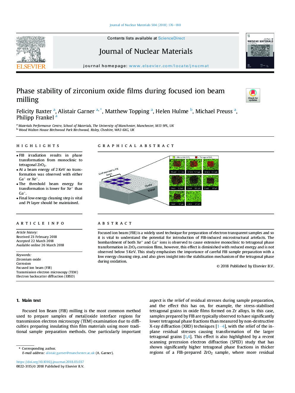 Phase stability of zirconium oxide films during focused ion beam milling