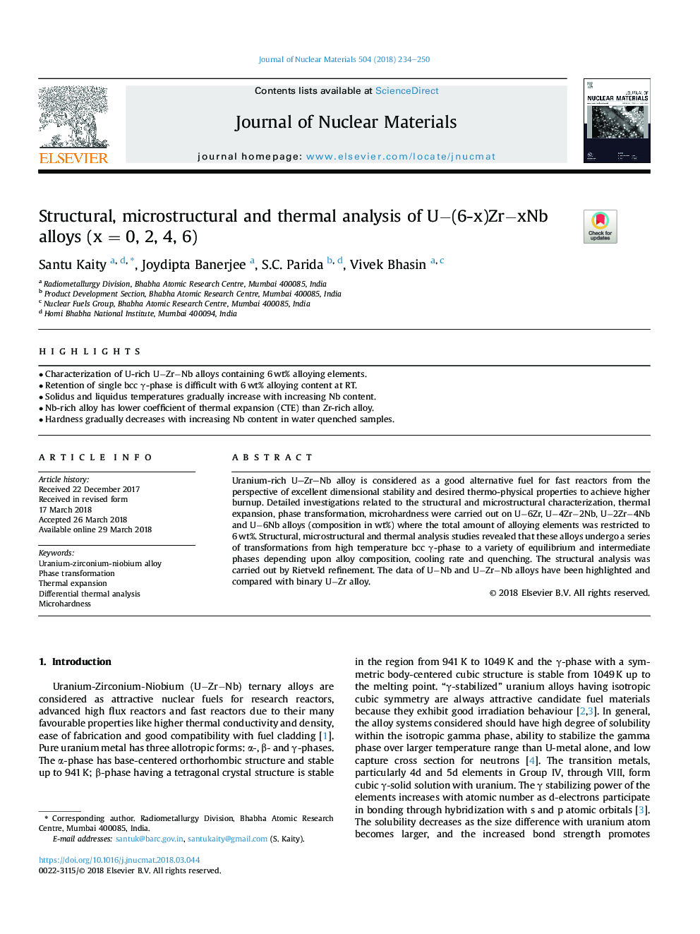 Structural, microstructural and thermal analysis of Uâ(6-x)ZrâxNb alloys (xÂ = 0, 2, 4, 6)