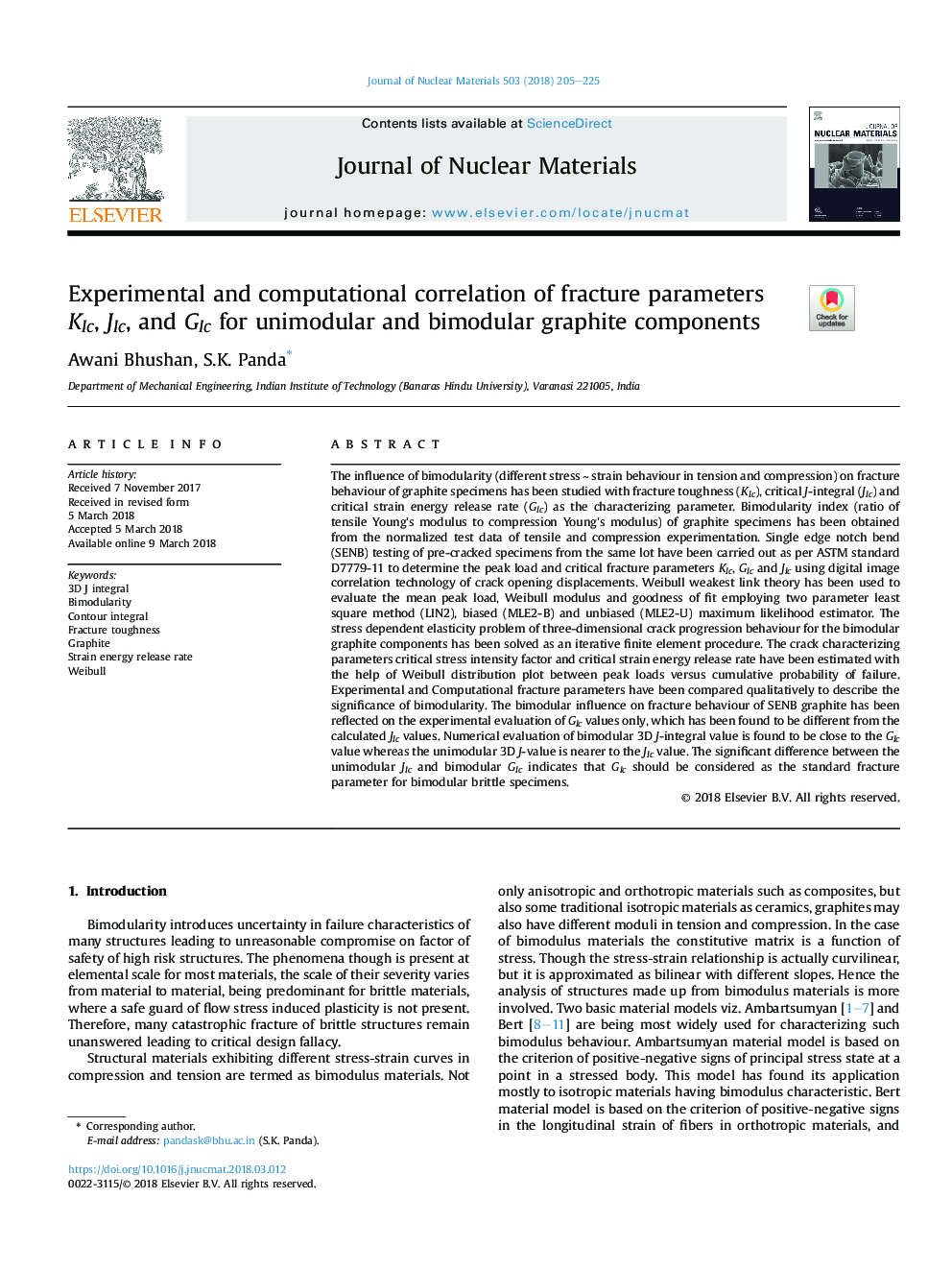 Experimental and computational correlation of fracture parameters KIc, JIc, and GIc for unimodular and bimodular graphite components