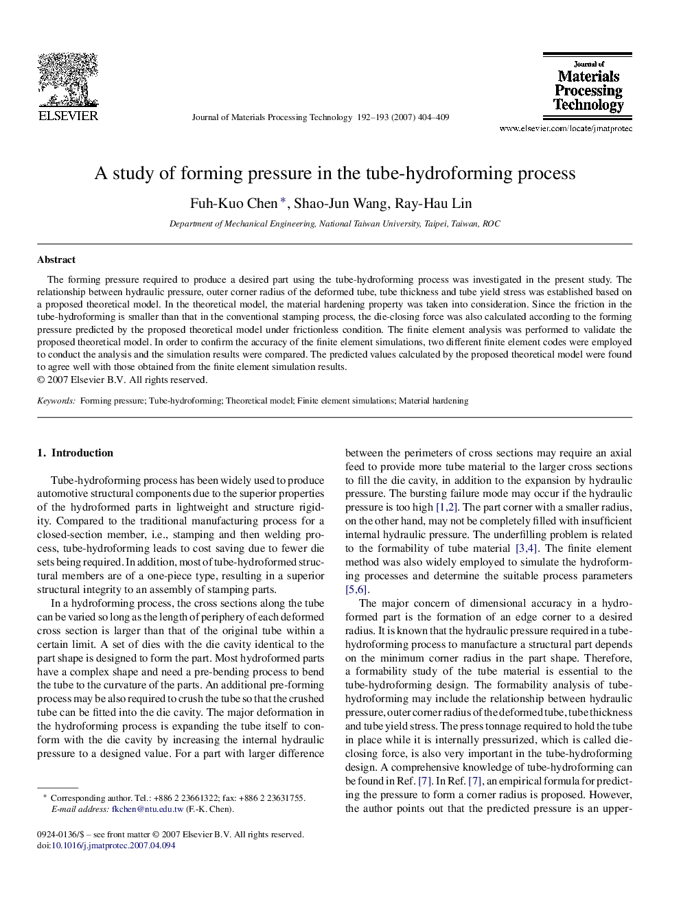 A study of forming pressure in the tube-hydroforming process