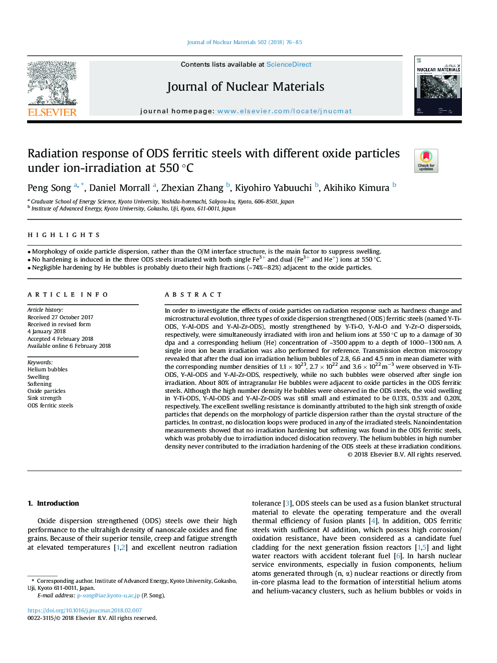 Radiation response of ODS ferritic steels with different oxide particles under ion-irradiation at 550â¯Â°C