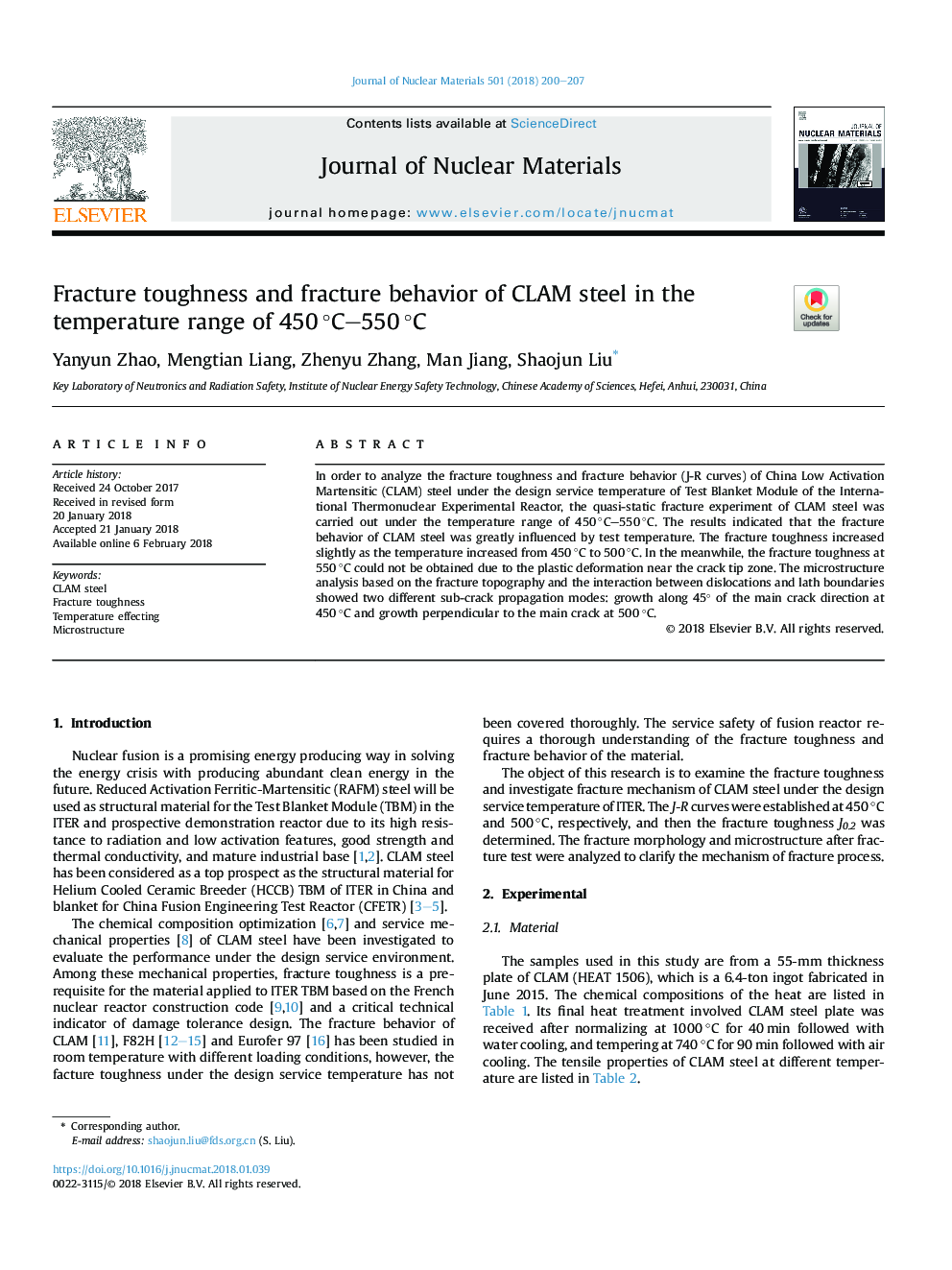 Fracture toughness and fracture behavior of CLAM steel in the temperature range of 450â¯Â°C-550â¯Â°C