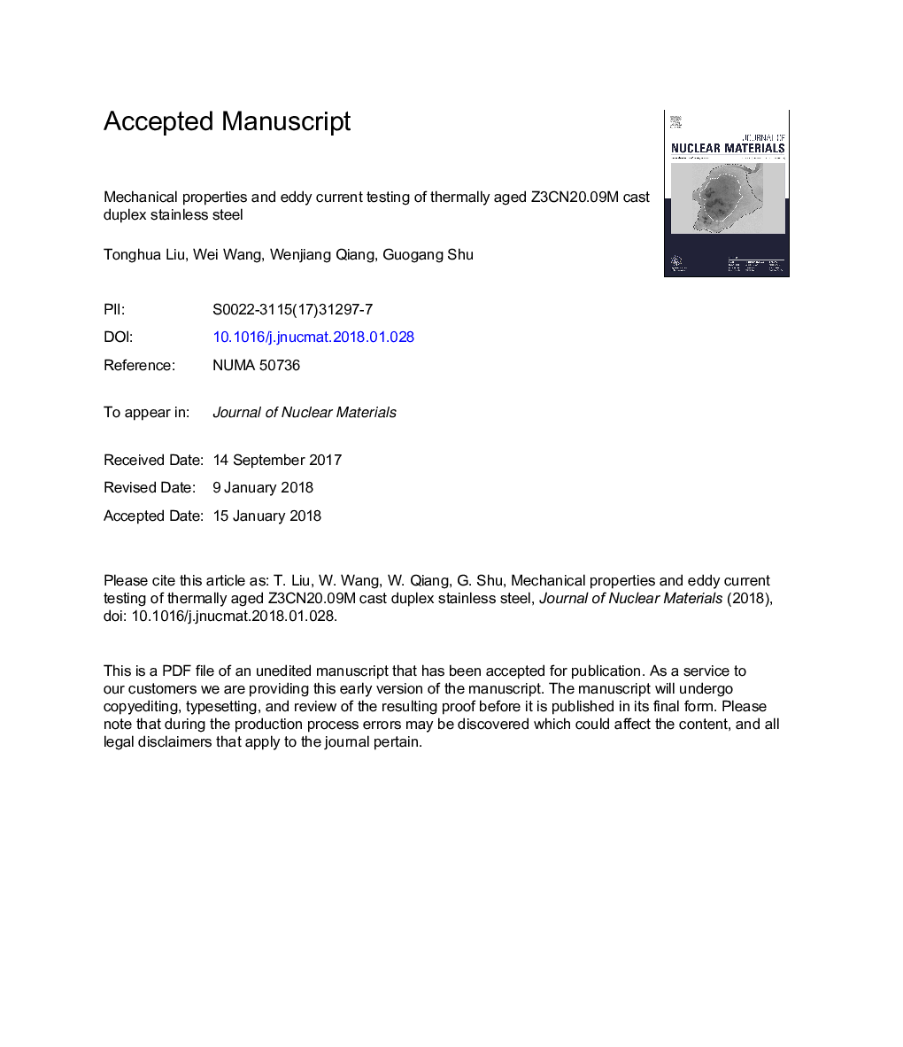 Mechanical properties and eddy current testing of thermally aged Z3CN20.09M cast duplex stainless steel