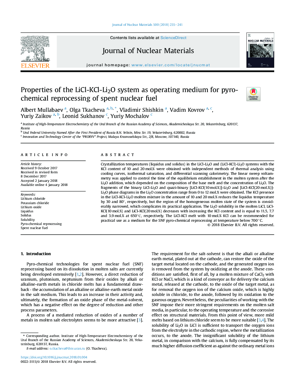 Properties of the LiCl-KCl-Li2O system as operating medium for pyro-chemical reprocessing of spent nuclear fuel