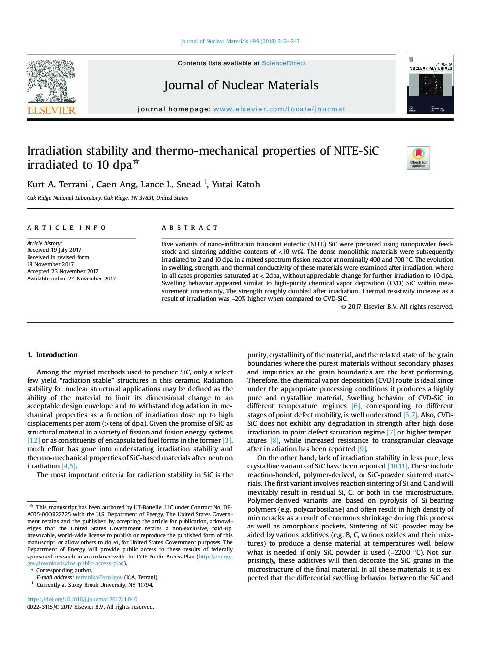 Irradiation stability and thermo-mechanical properties of NITE-SiC irradiated to 10 dpa