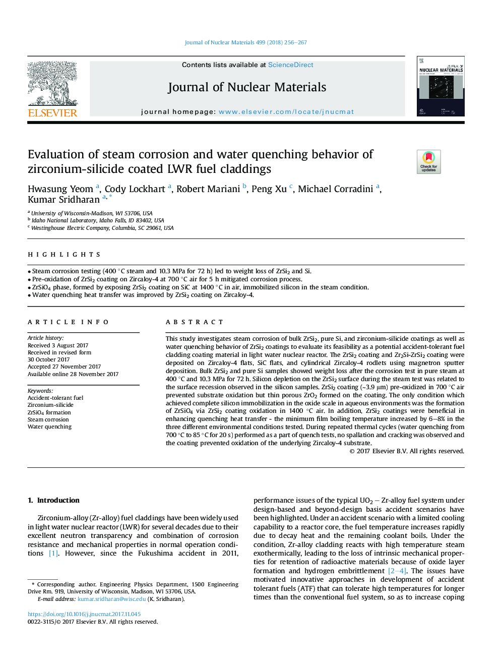 Evaluation of steam corrosion and water quenching behavior of zirconium-silicide coated LWR fuel claddings