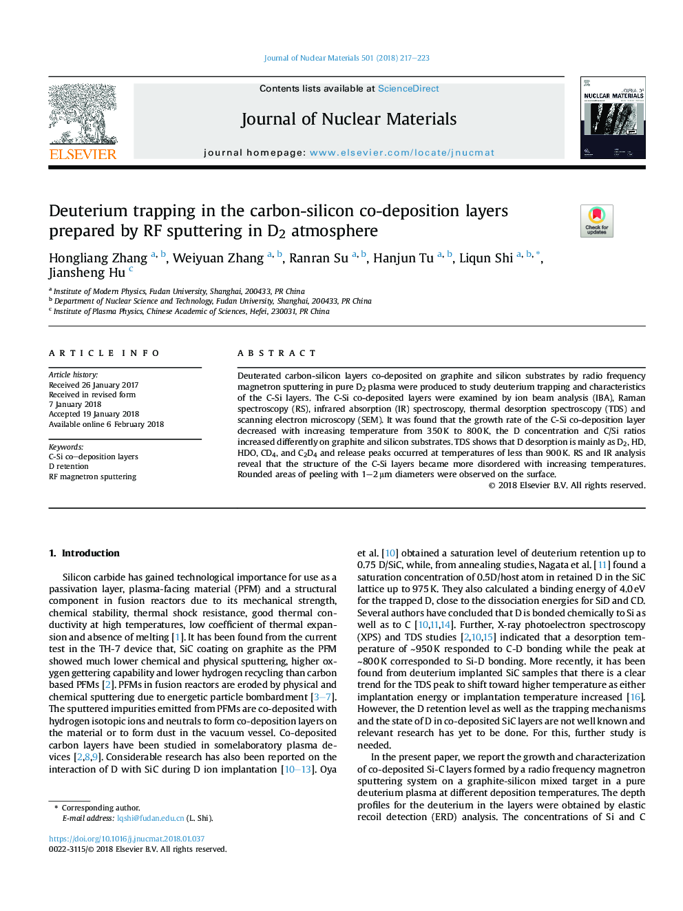 Deuterium trapping in the carbon-silicon co-deposition layers prepared by RF sputtering in D2 atmosphere