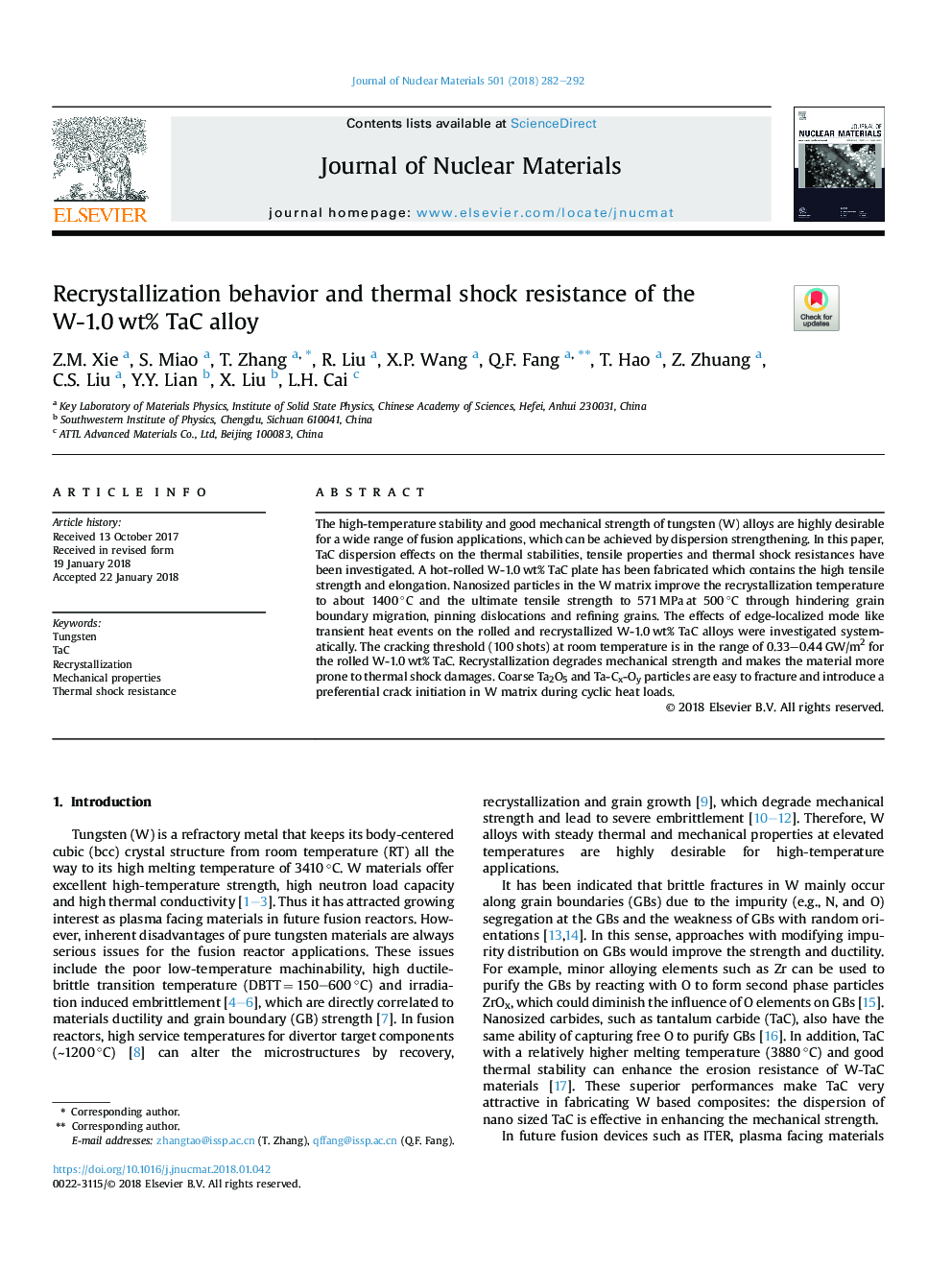 Recrystallization behavior and thermal shock resistance of the W-1.0â¯wt% TaC alloy