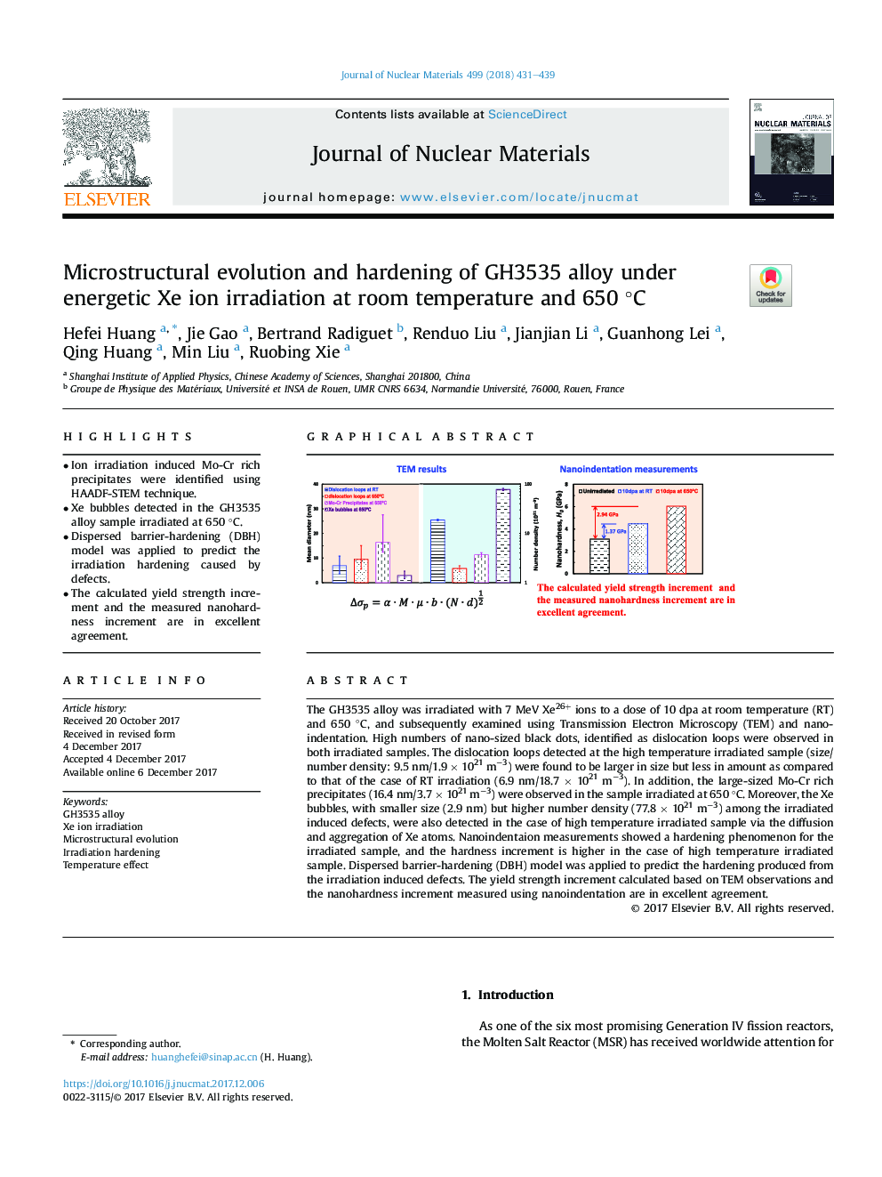 Microstructural evolution and hardening of GH3535 alloy under energetic Xe ion irradiation at room temperature and 650Â Â°C