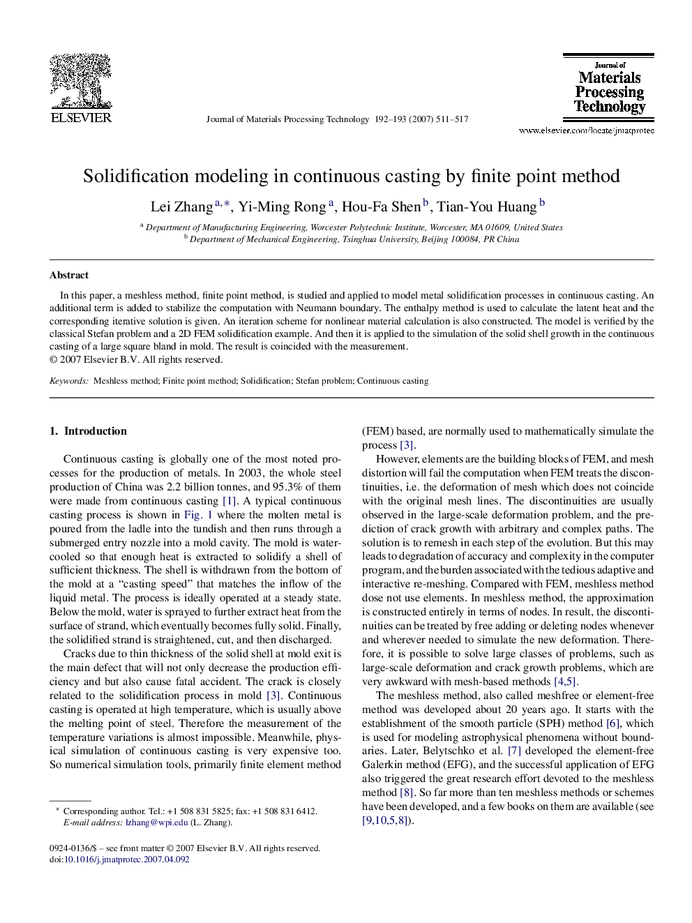 Solidification modeling in continuous casting by finite point method