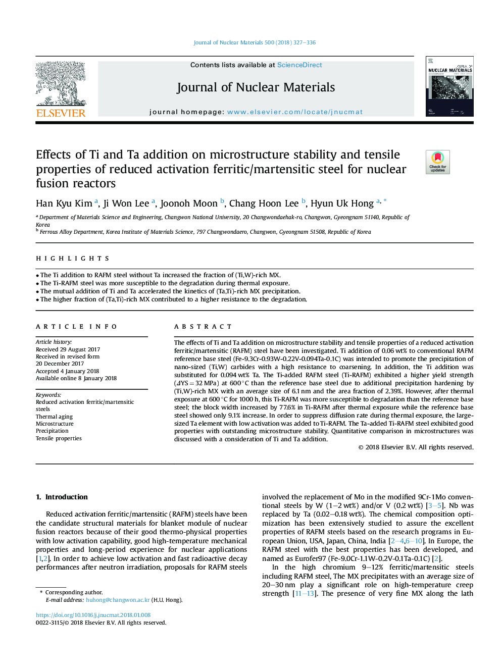 Effects of Ti and Ta addition on microstructure stability and tensile properties of reduced activation ferritic/martensitic steel for nuclear fusion reactors