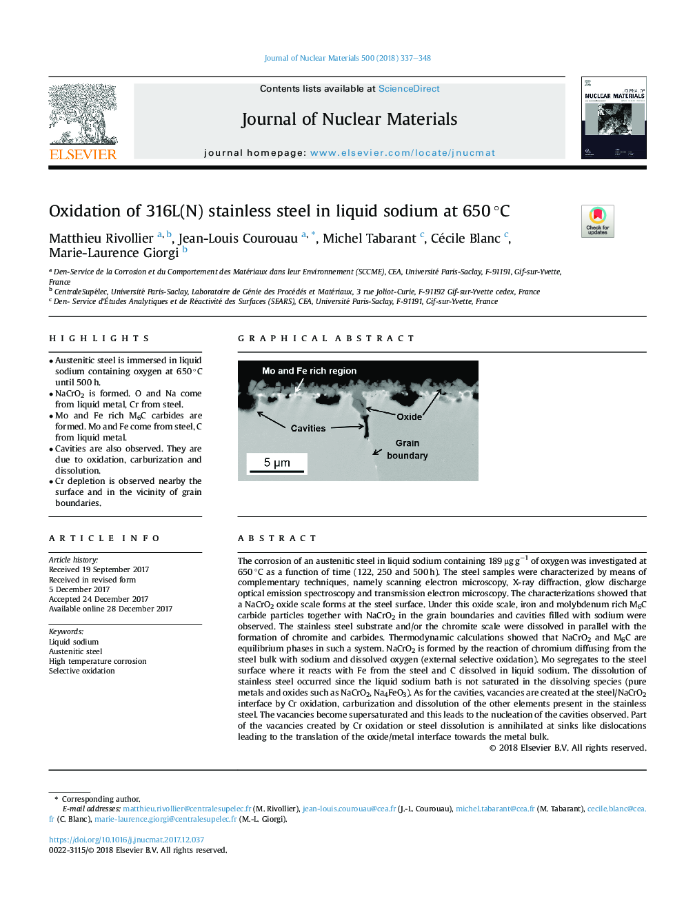 Oxidation of 316L(N) stainless steel in liquid sodium at 650â¯Â°C