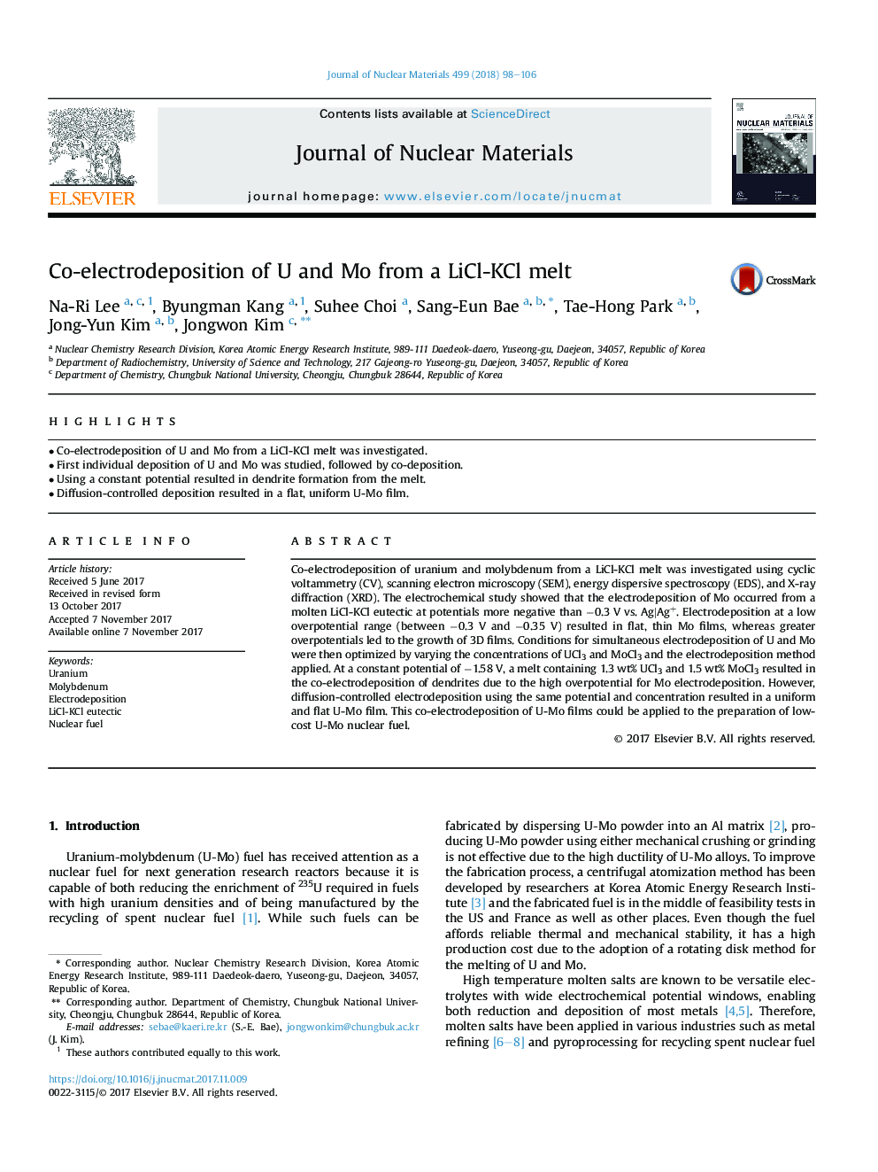 Co-electrodeposition of U and Mo from a LiCl-KCl melt