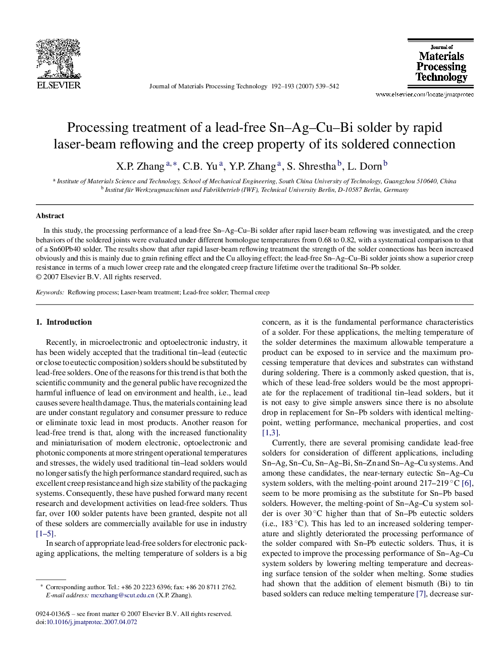 Processing treatment of a lead-free Sn–Ag–Cu–Bi solder by rapid laser-beam reflowing and the creep property of its soldered connection