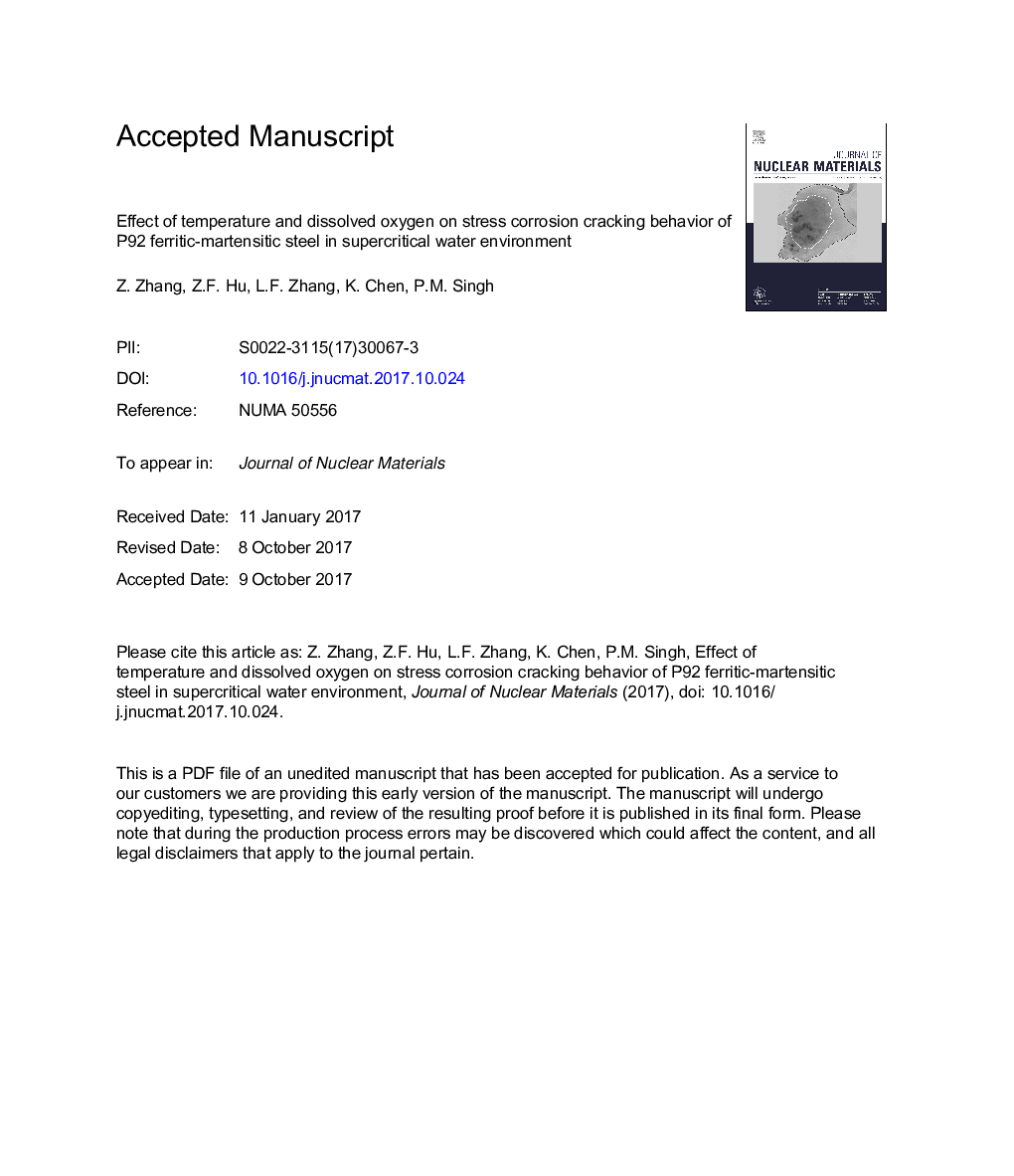 Effect of temperature and dissolved oxygen on stress corrosion cracking behavior of P92 ferritic-martensitic steel in supercritical water environment