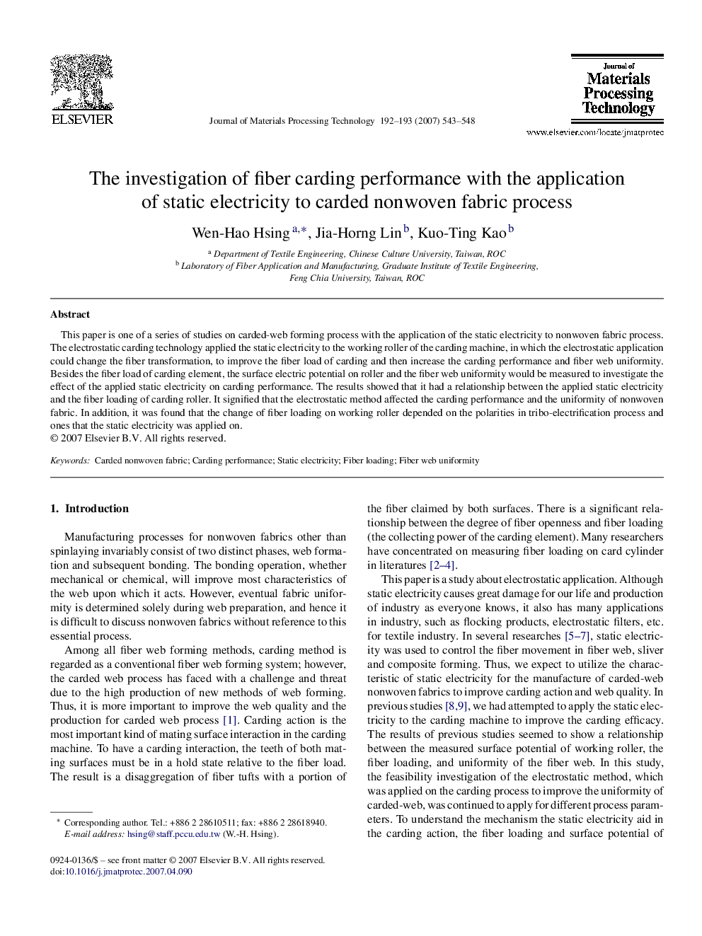 The investigation of fiber carding performance with the application of static electricity to carded nonwoven fabric process