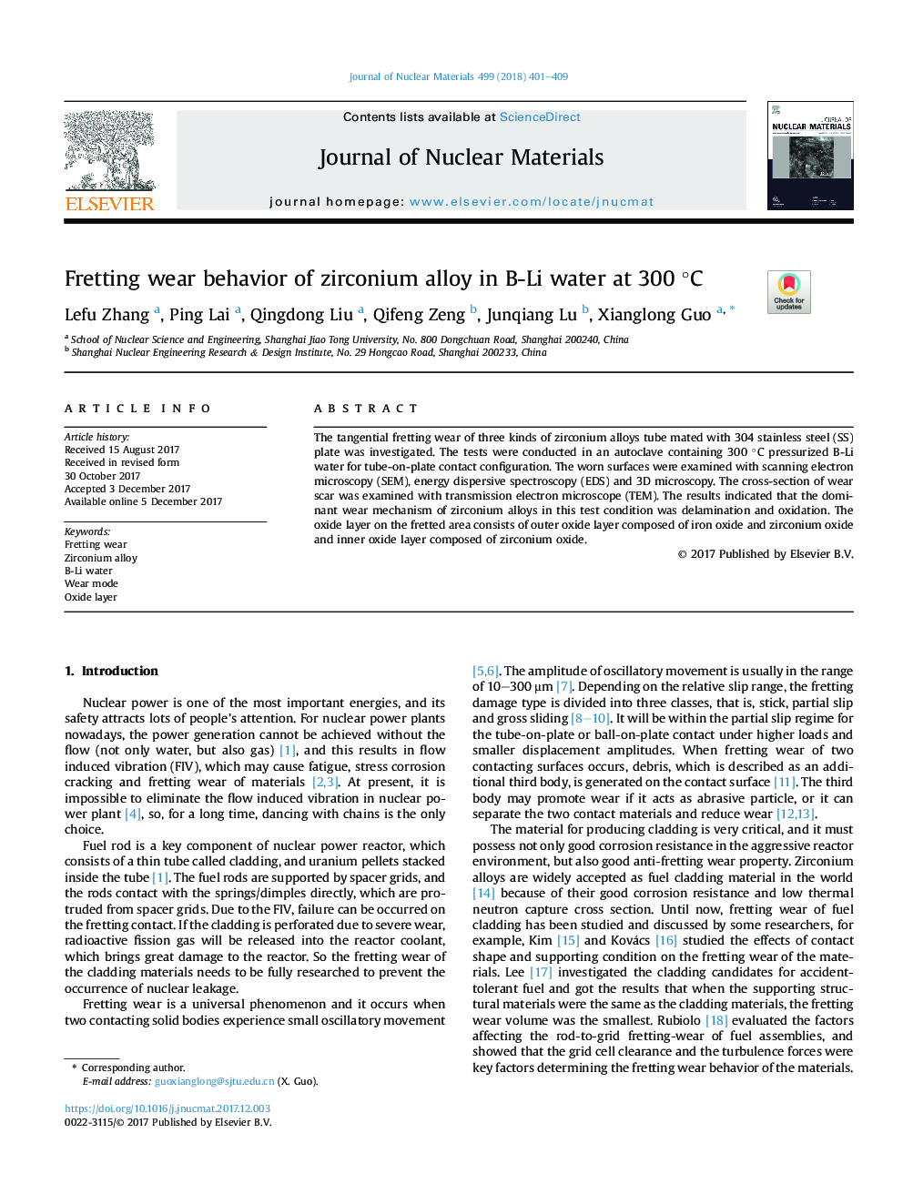 Fretting wear behavior of zirconium alloy in B-Li water at 300Â Â°C