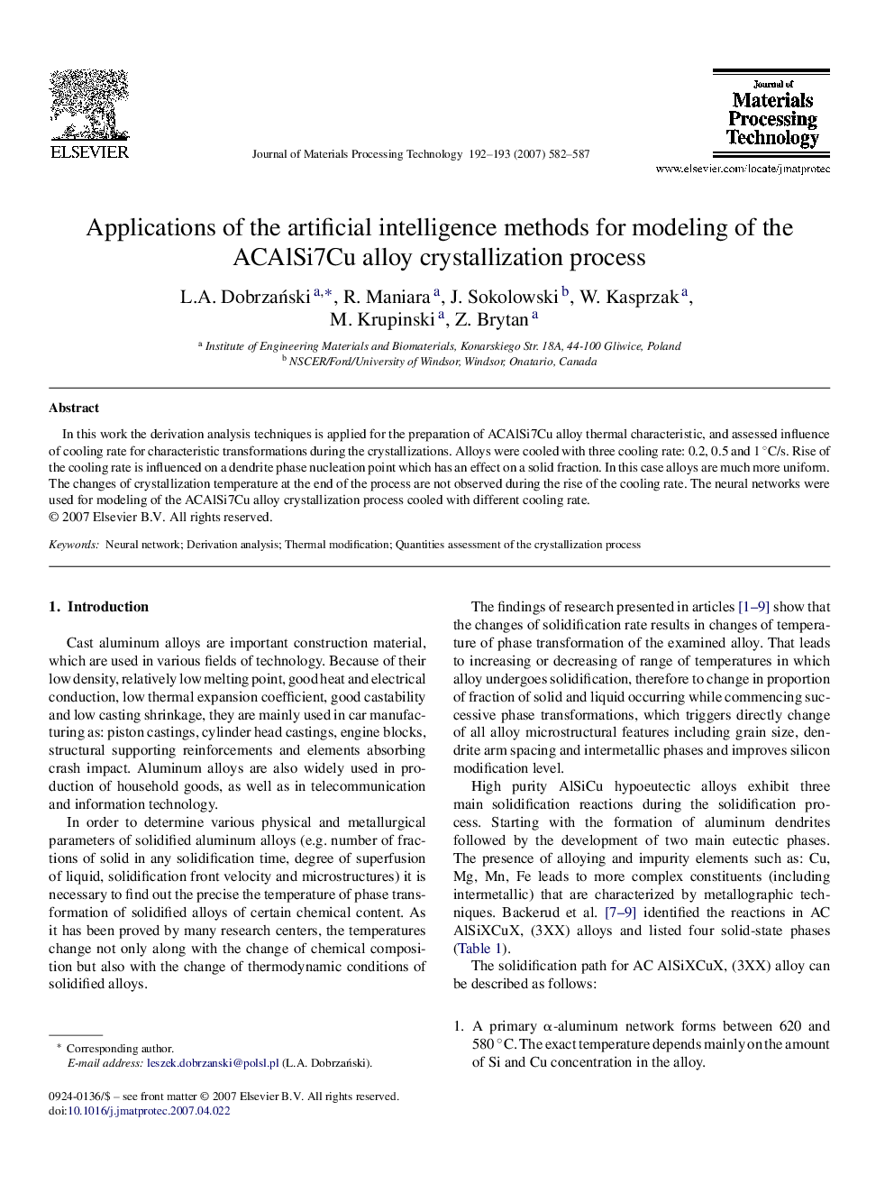 Applications of the artificial intelligence methods for modeling of the ACAlSi7Cu alloy crystallization process