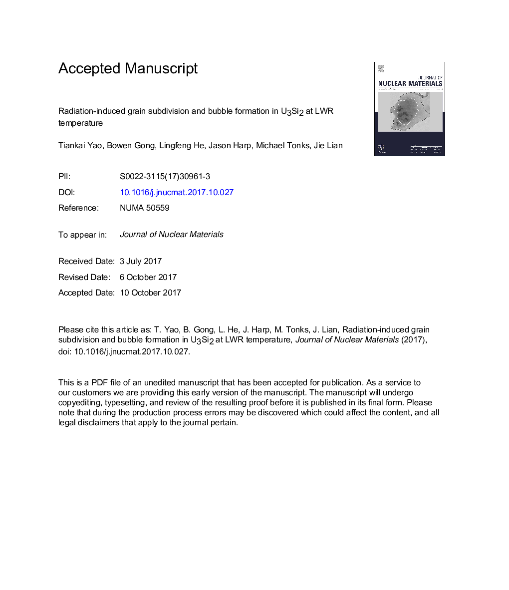 Radiation-induced grain subdivision and bubble formation in U3Si2 at LWR temperature