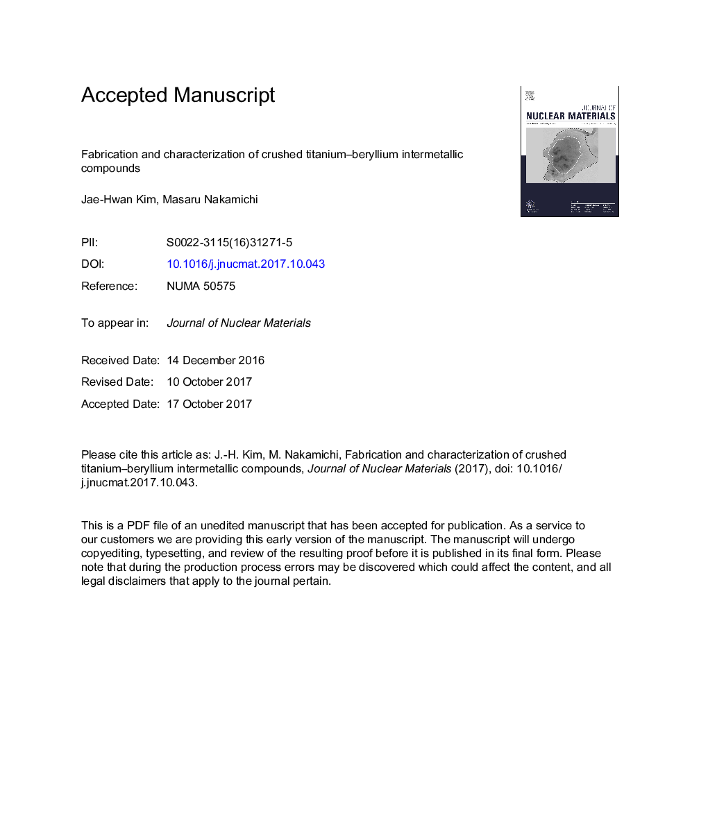 Fabrication and characterization of crushed titanium-beryllium intermetallic compounds