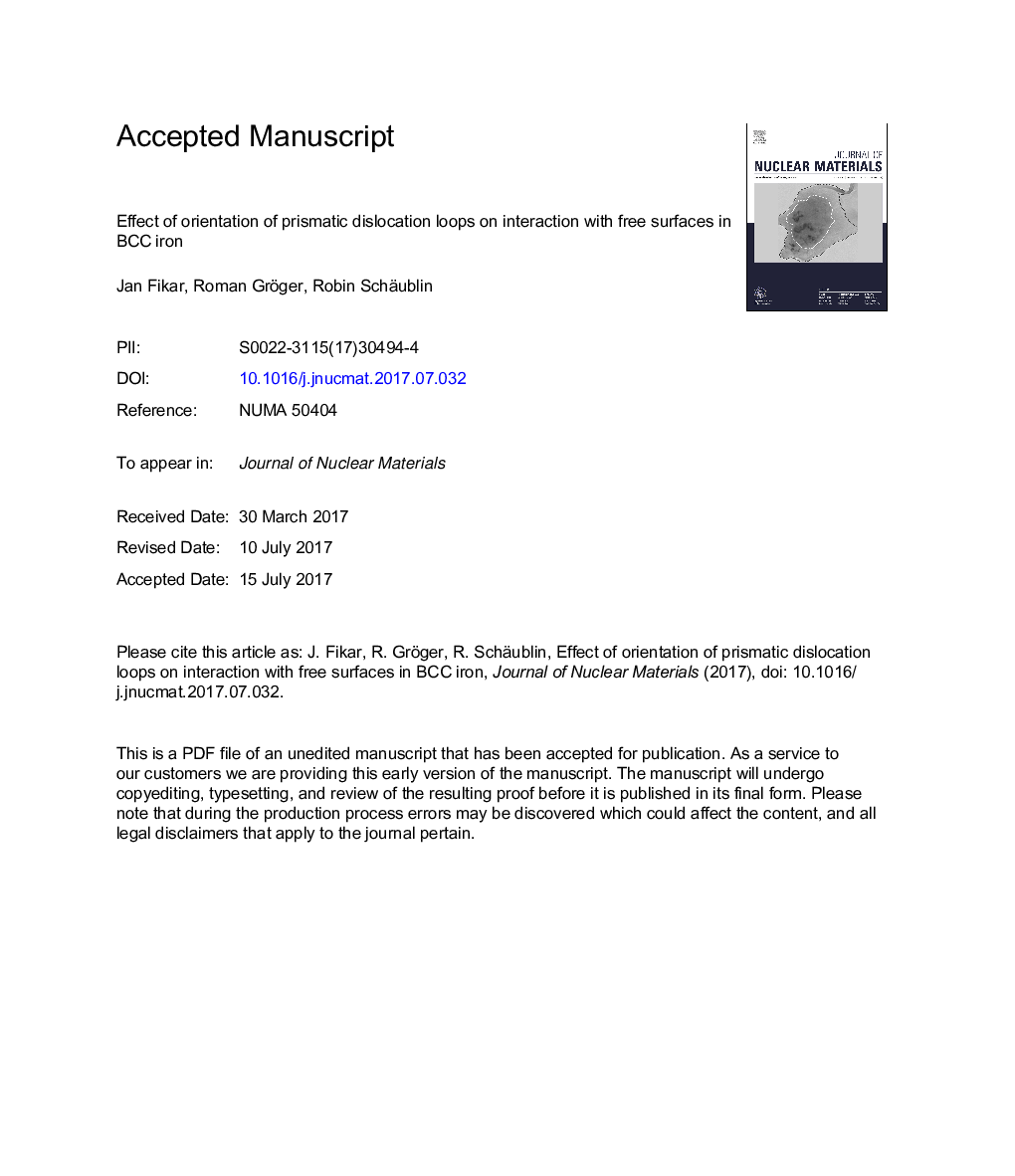 Effect of orientation of prismatic dislocation loops on interaction with free surfaces in BCC iron