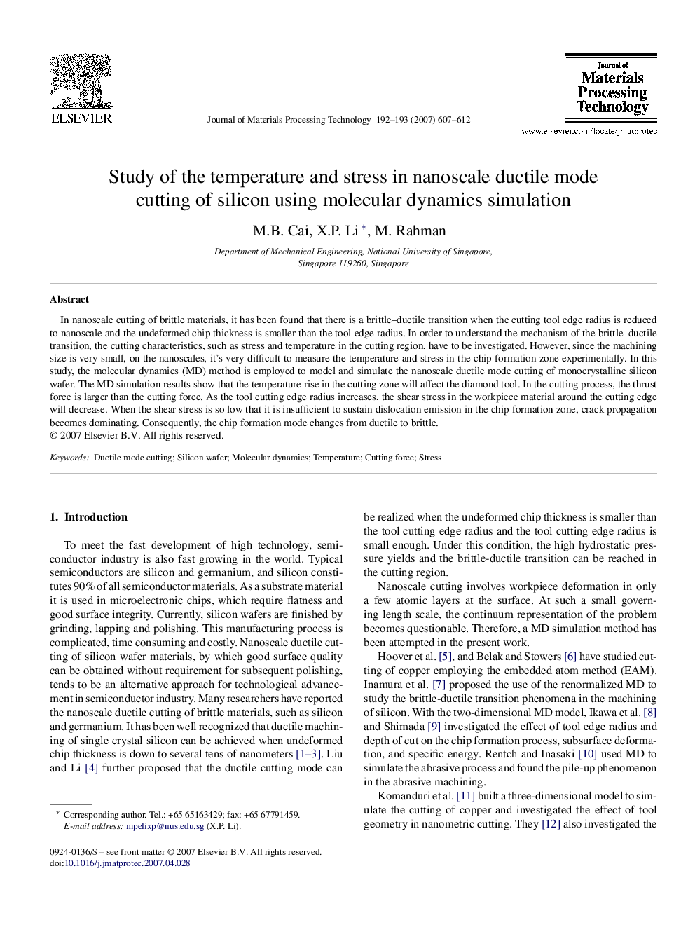 Study of the temperature and stress in nanoscale ductile mode cutting of silicon using molecular dynamics simulation