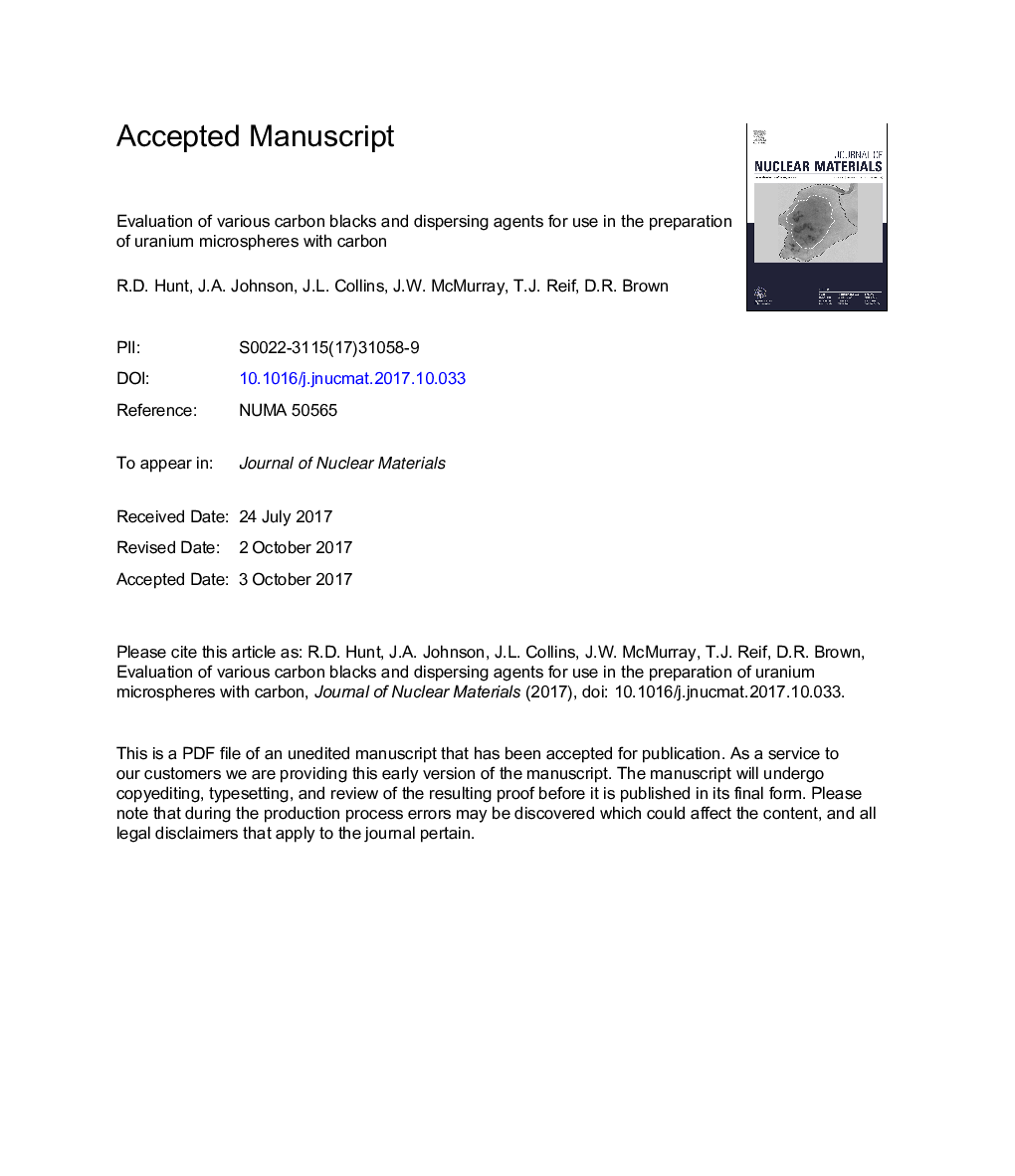 ارزیابی سیاه و سفید کربن های مختلف و مواد پراکنده برای استفاده در آماده سازی میکروسپرسهای اورانیوم با کربن 