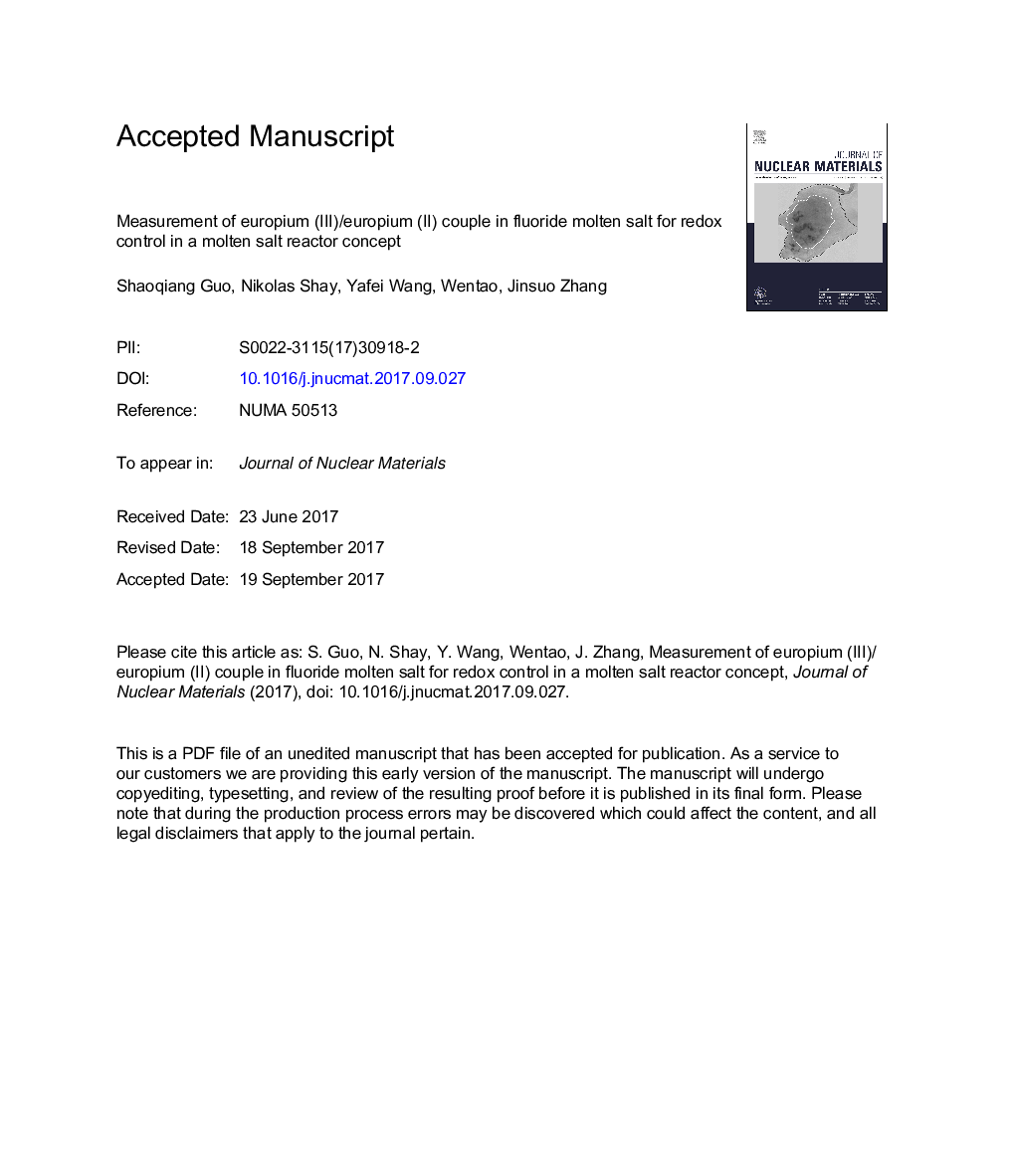 Measurement of europium (III)/europium (II) couple in fluoride molten salt for redox control in a molten salt reactor concept